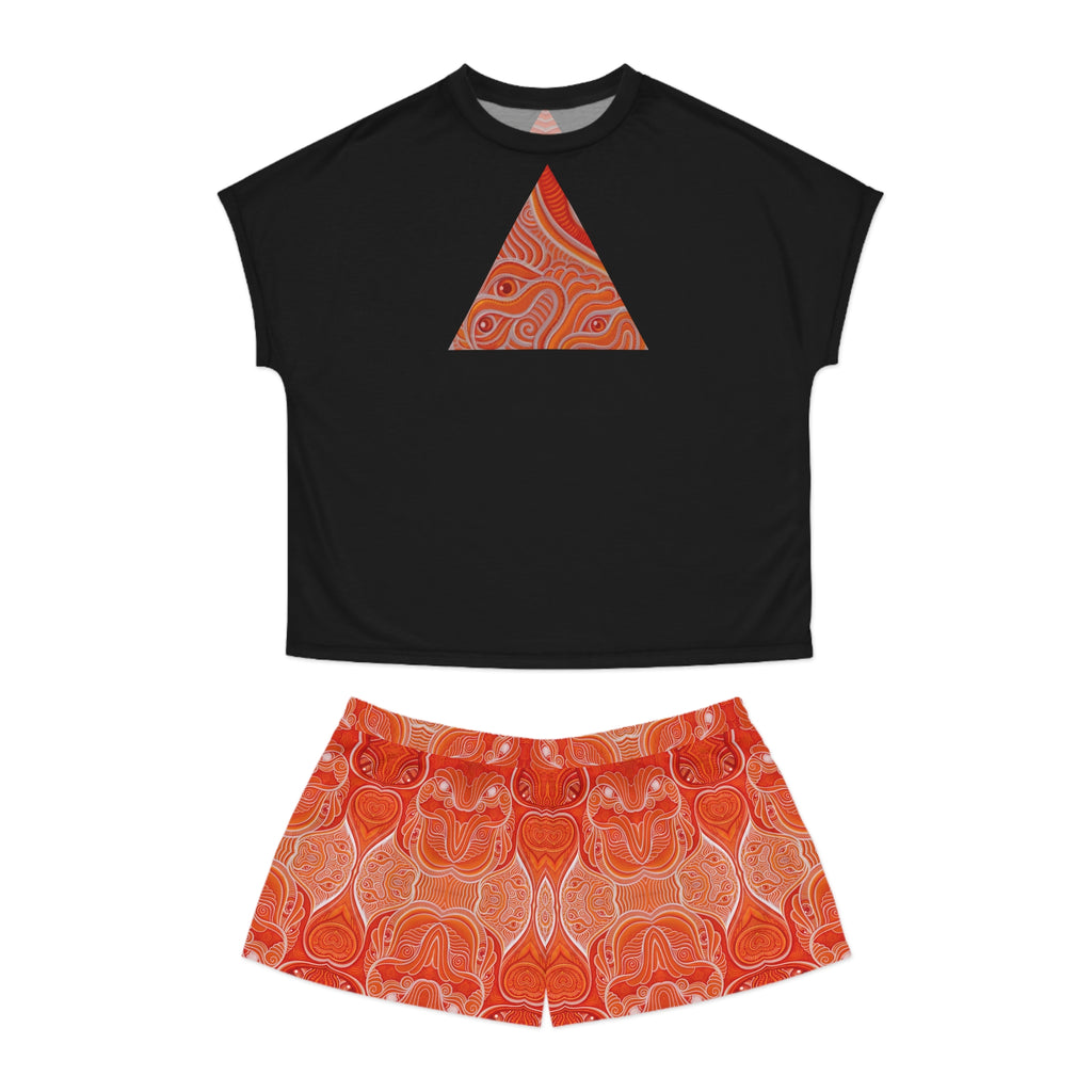 Women's Geometric Triangle Pajama Set — Orange Kaleidoscope Sleep Shorts & Tee #y77428