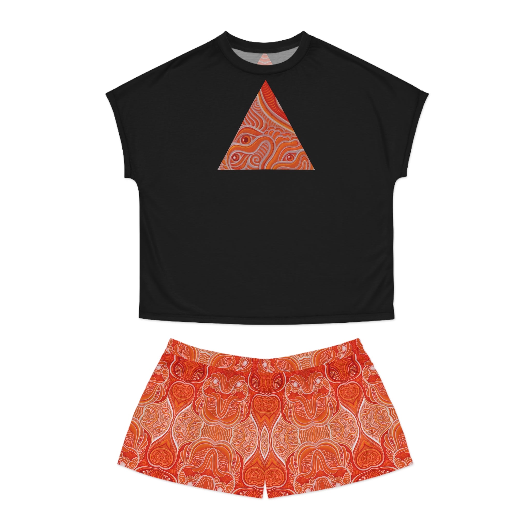 Women's Geometric Triangle Pajama Set — Orange Kaleidoscope Sleep Shorts & Tee #y77428