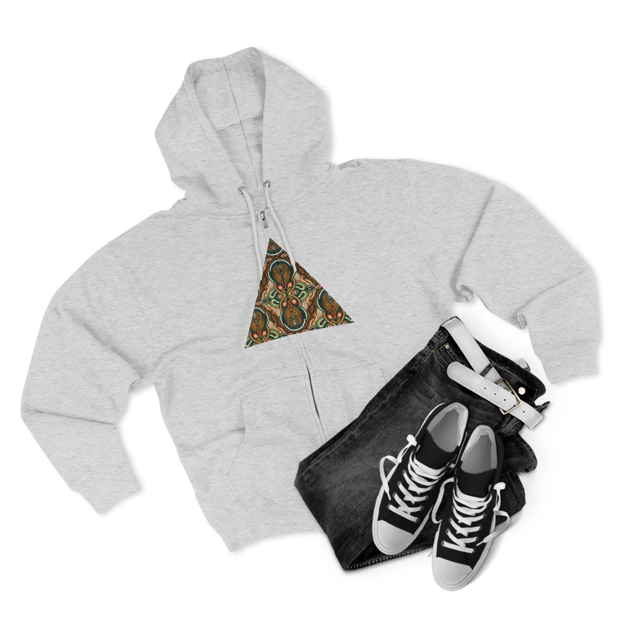 Geometric Tribal Pattern Zip Hoodie — Earthy Mandala Triangle & Circle Design #zh137