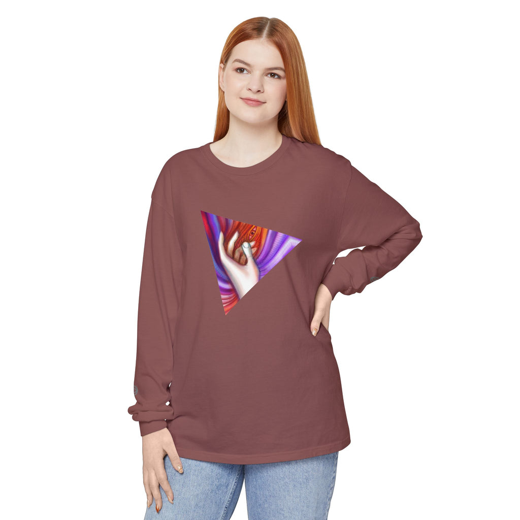 Long Sleeve T-Shirt — Triangular Hand Art Graphic (White) #sh26774