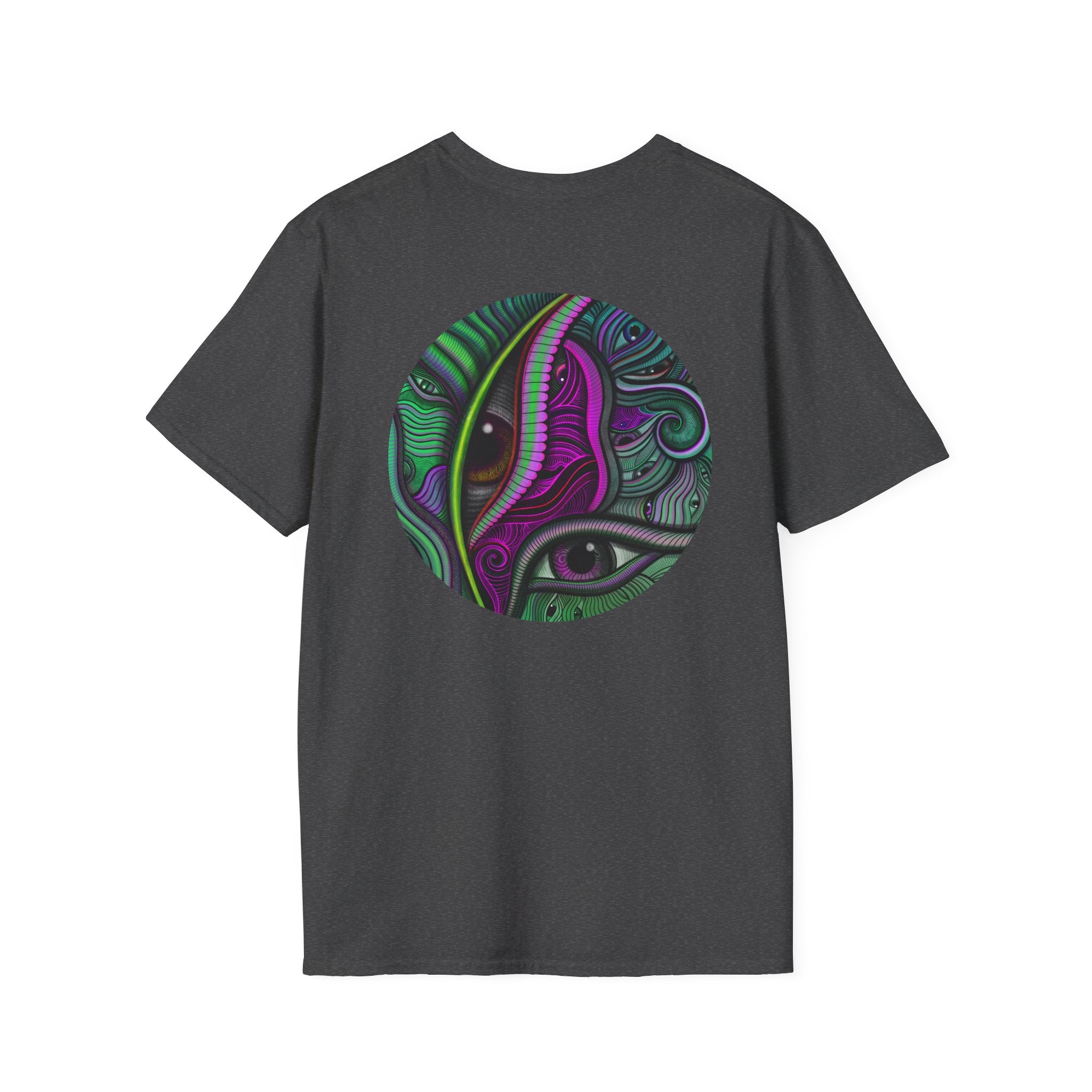 Psychedelic Eye Graphic T-Shirt — Abstract Purple & Green Starburst Circle Design. #ts6