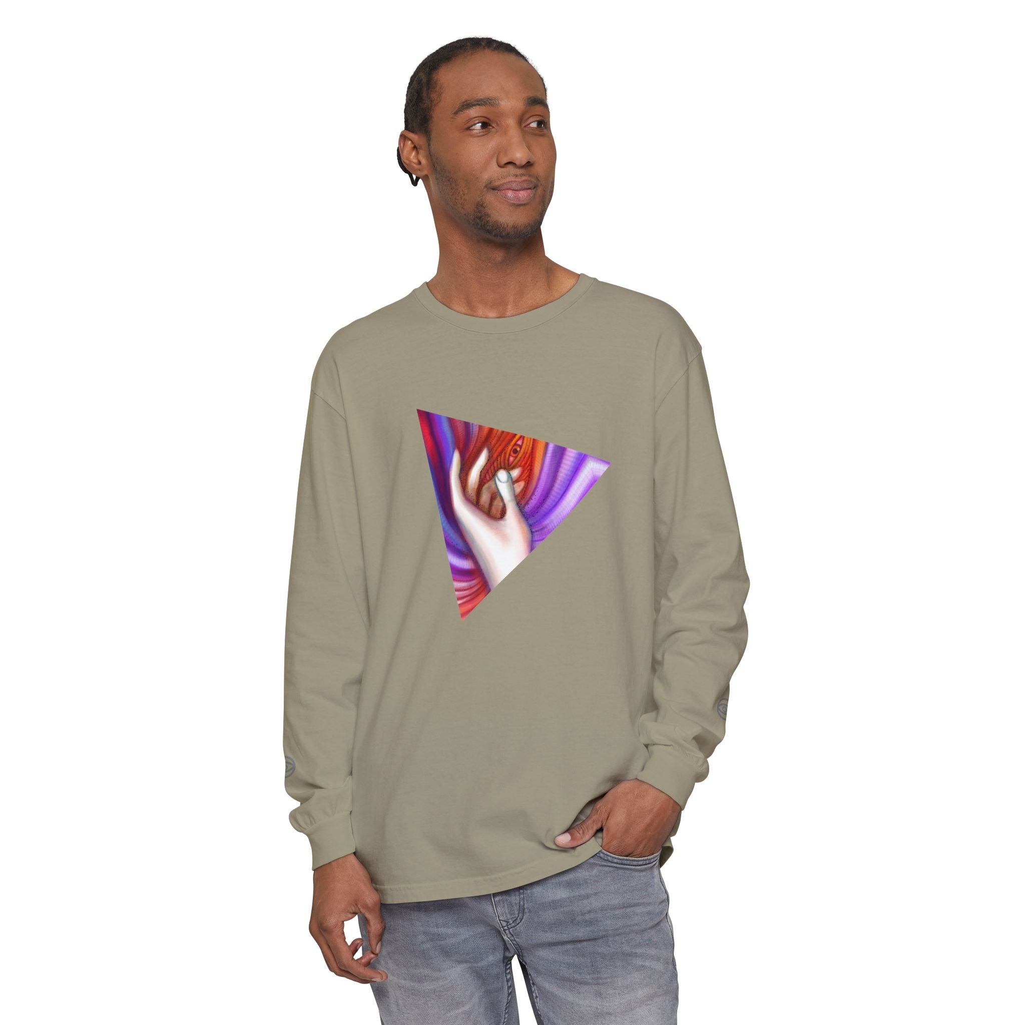 Long Sleeve T-Shirt — Triangular Hand Art Graphic (White) #sh26774