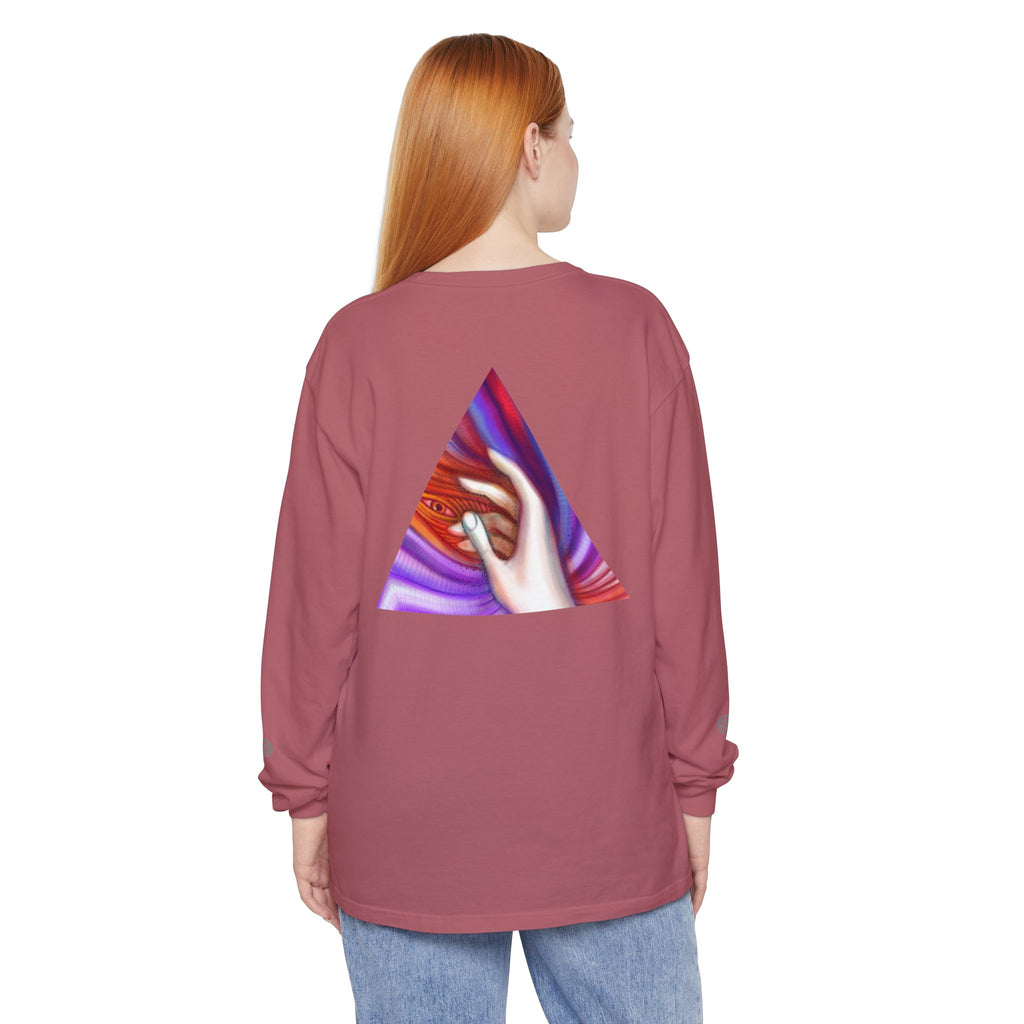 Long Sleeve T-Shirt — Triangular Hand Art Graphic (White) #sh26774