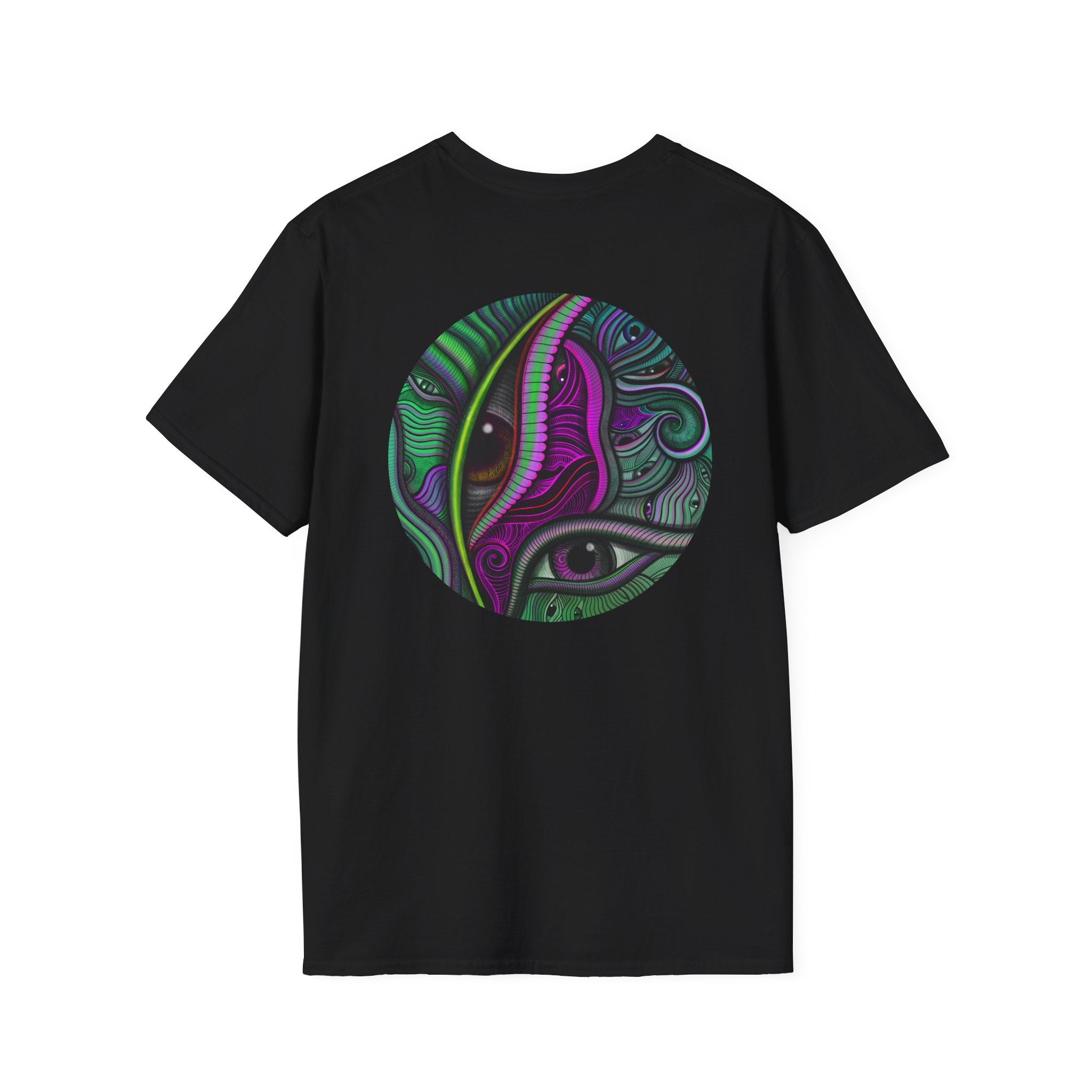 Psychedelic Eye Graphic T-Shirt — Abstract Purple & Green Starburst Circle Design. #ts6