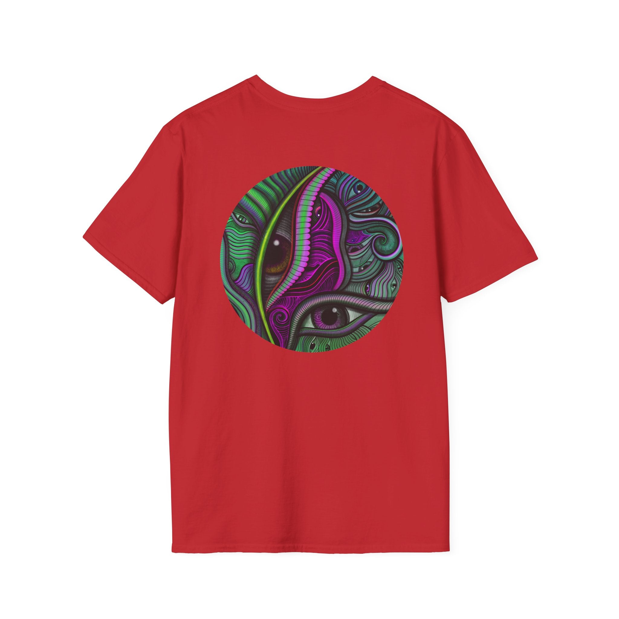Psychedelic Eye Graphic T-Shirt — Abstract Purple & Green Starburst Circle Design. #ts6