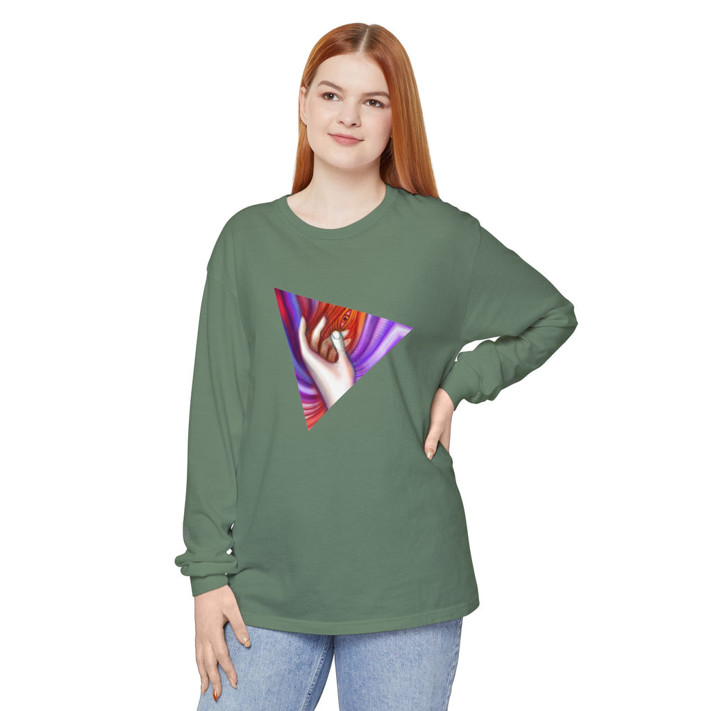 Long Sleeve T-Shirt — Triangular Hand Art Graphic (White) #sh26774