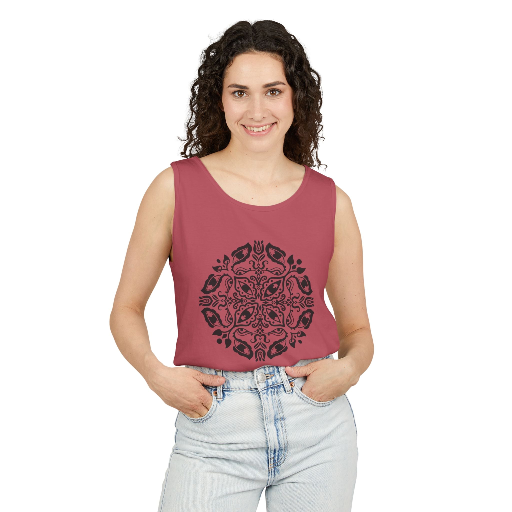 Boho Mandala Tank Top — Black Floral Circular Graphic Tank #fr3