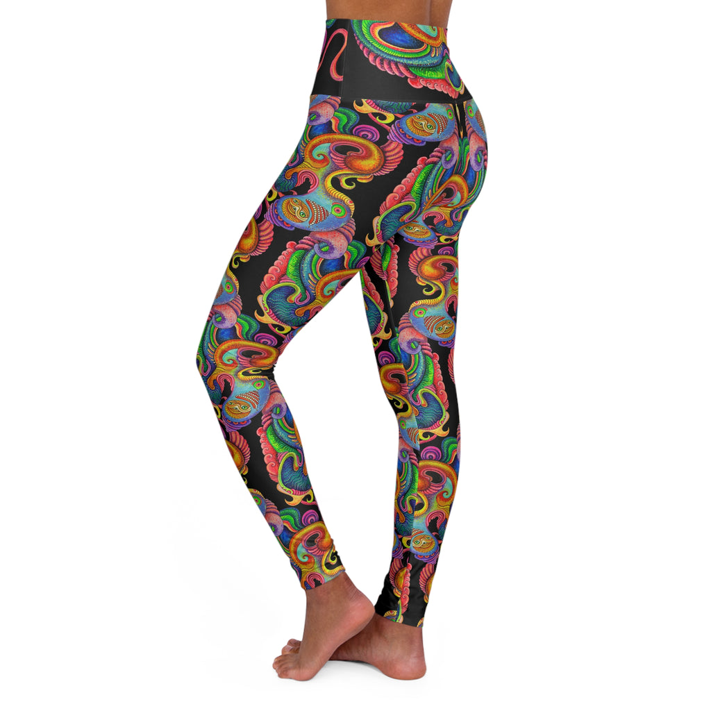 High-Waisted Yoga Leggings — Colorful Psychedelic Swirl Print #g875467
