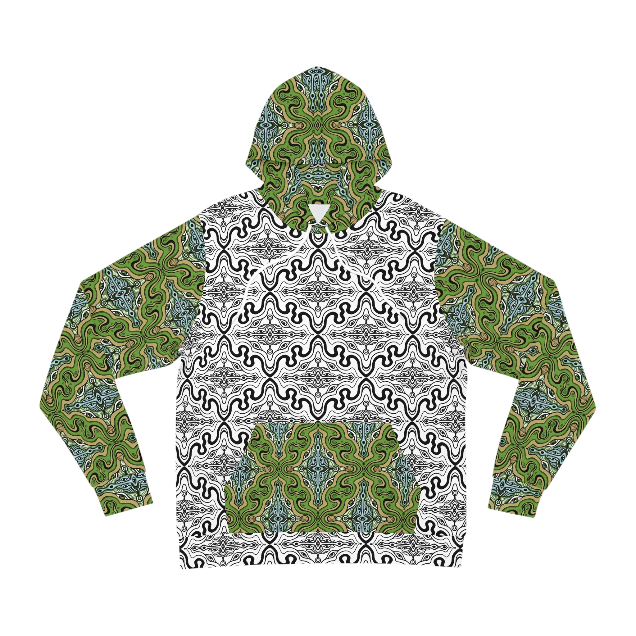 Green Psychedelic Pattern Hoodie — All-Over Print Abstract Hooded Sweatshirt #g98765346