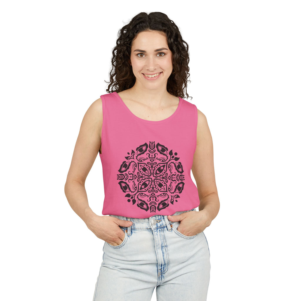 Boho Mandala Tank Top — Black Floral Circular Graphic Tank #fr3