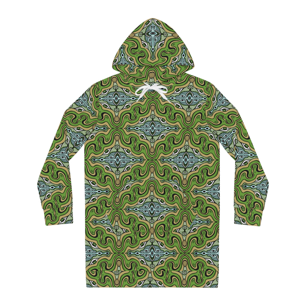 Green Kaleidoscope Hoodie Dress — All-Over-Print Boho Cozy Tunic #d13558765