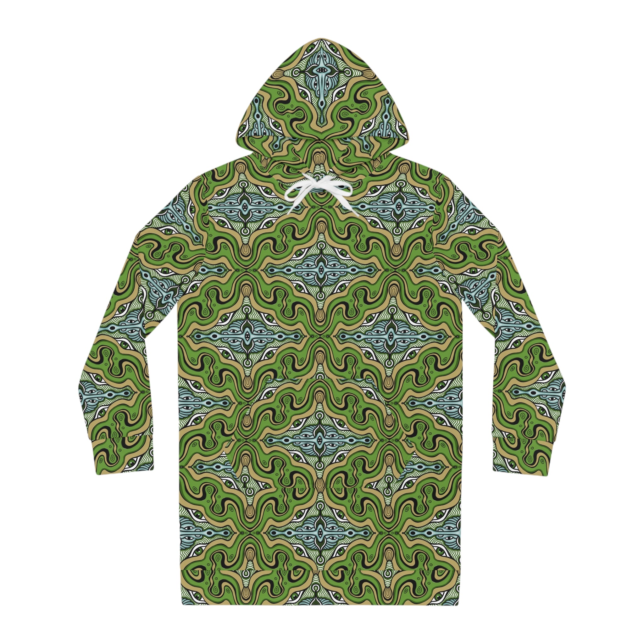 Green Kaleidoscope Hoodie Dress — All-Over-Print Boho Cozy Tunic #d13558765