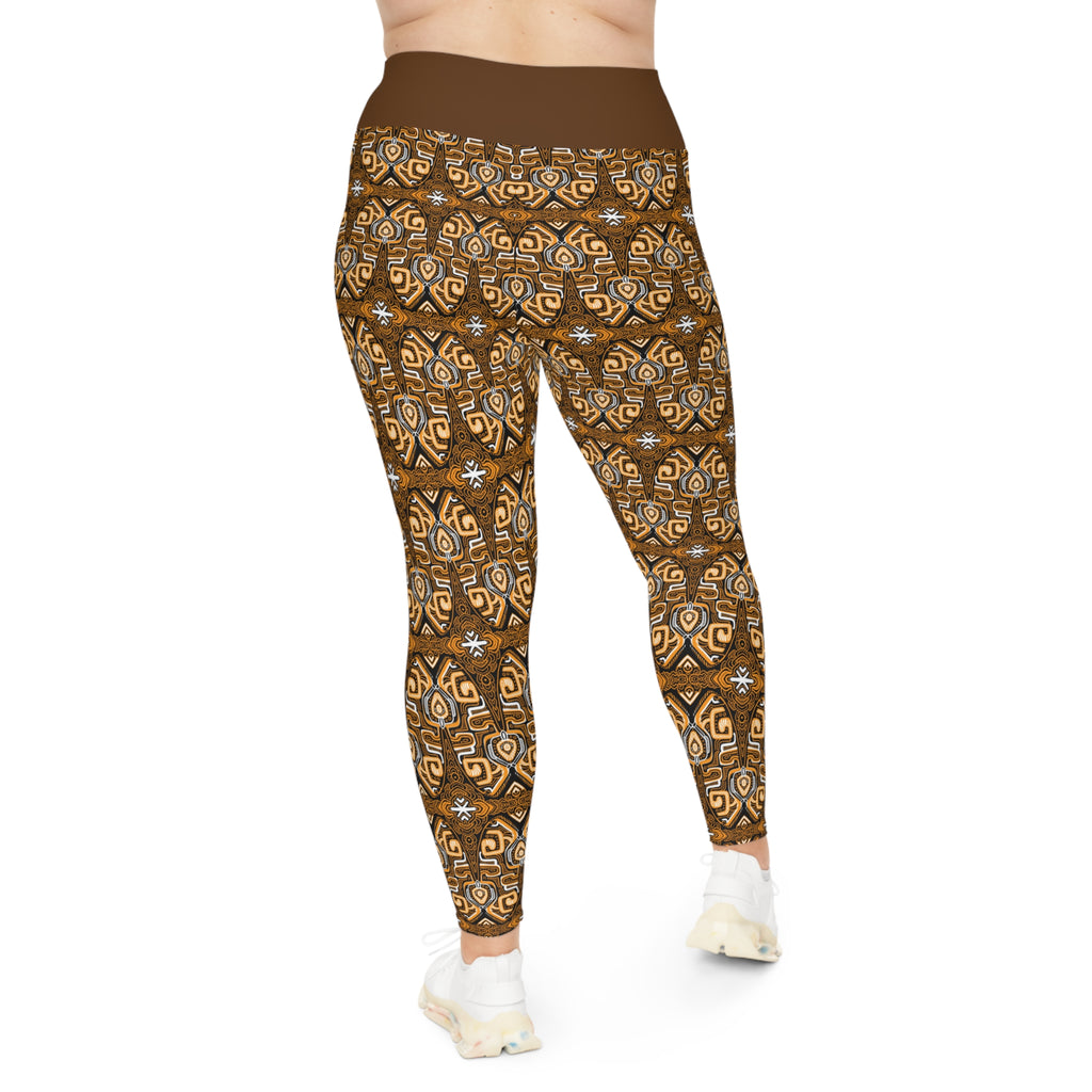 Plus Size Aztec Pattern Leggings — Brown Tribal All-Over Print #fdg6598