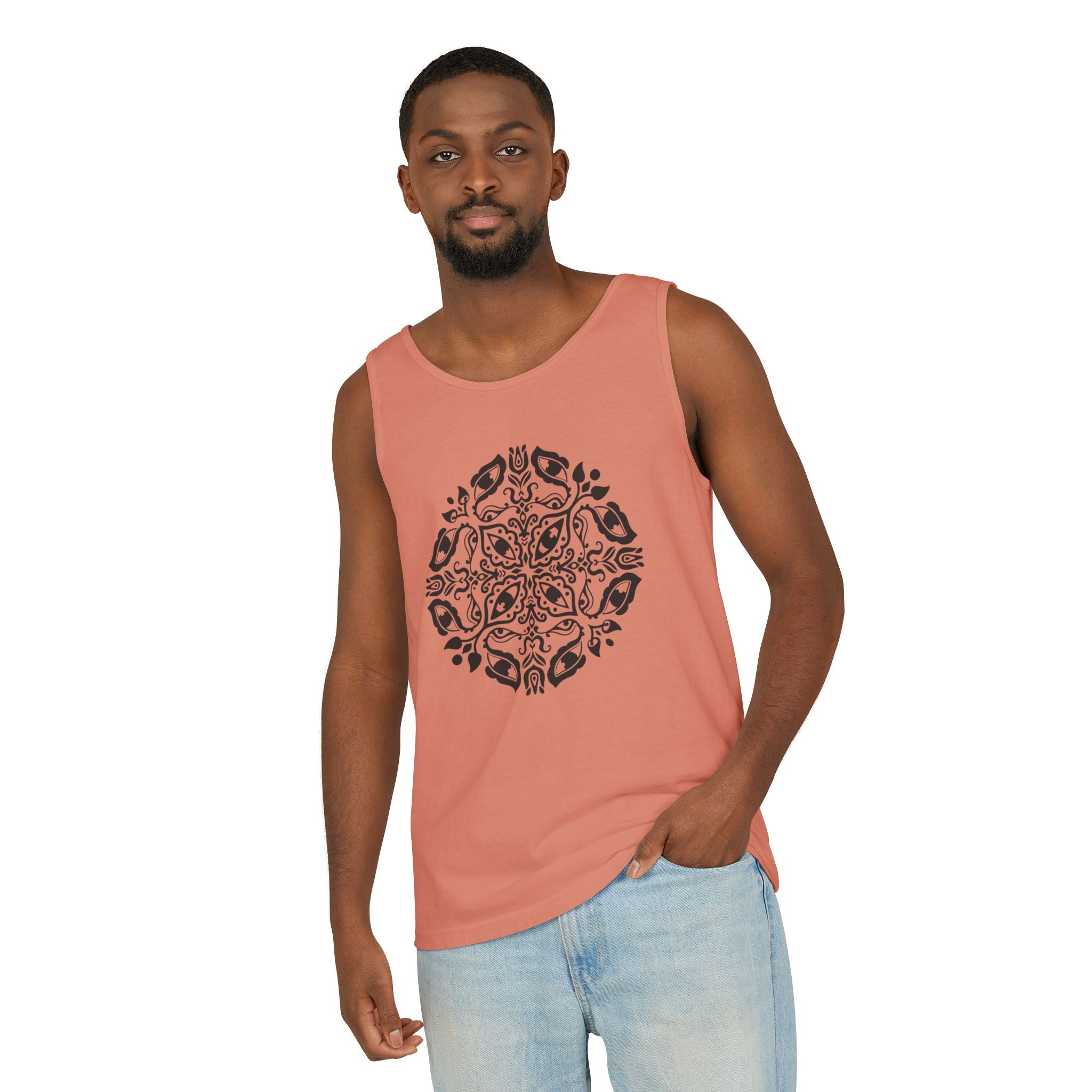Boho Mandala Tank Top — Black Floral Circular Graphic Tank #fr3