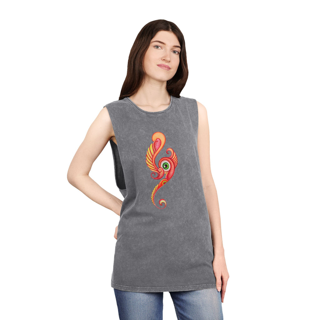Stonewash Tank Top with Vibrant Abstract Feather Design #rgy3566