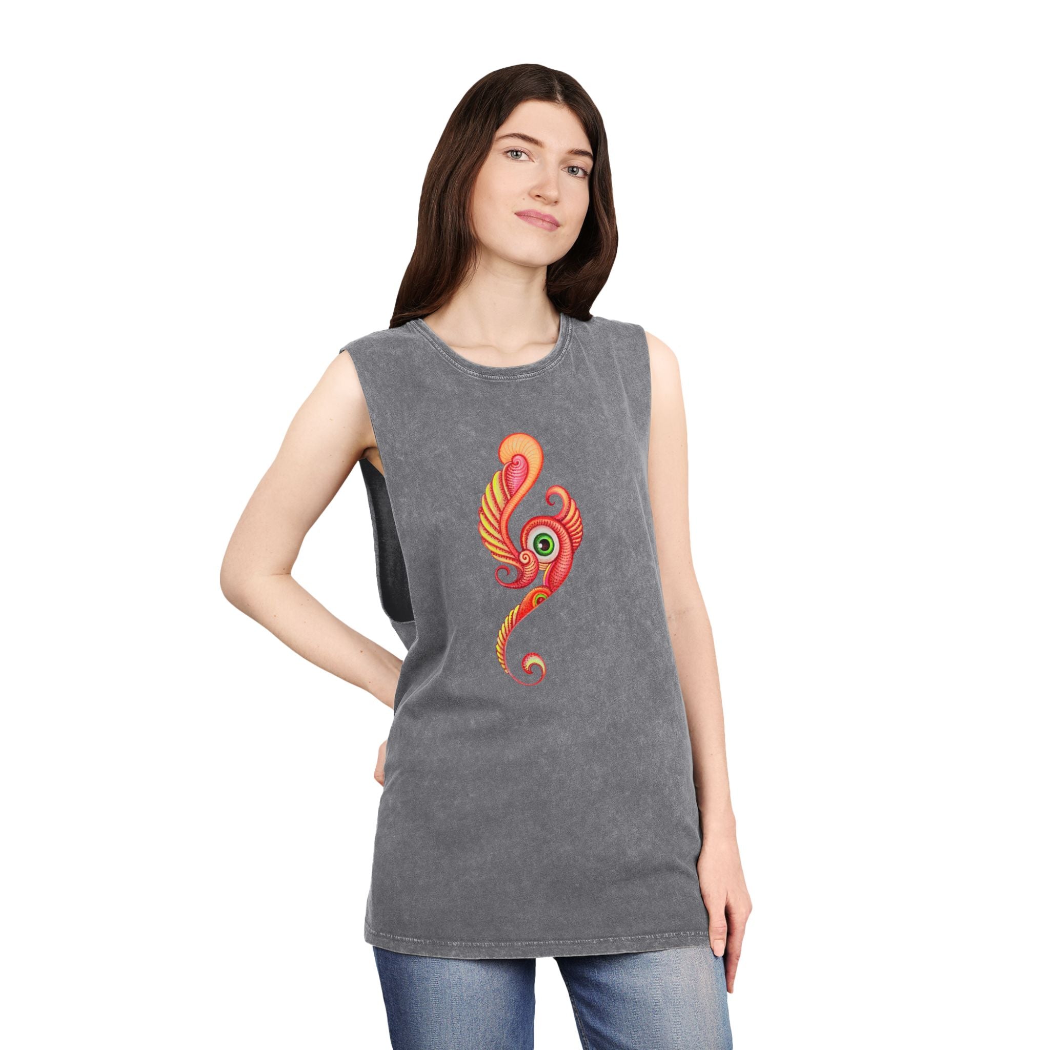 Stonewash Tank Top with Vibrant Abstract Feather Design #rgy3566