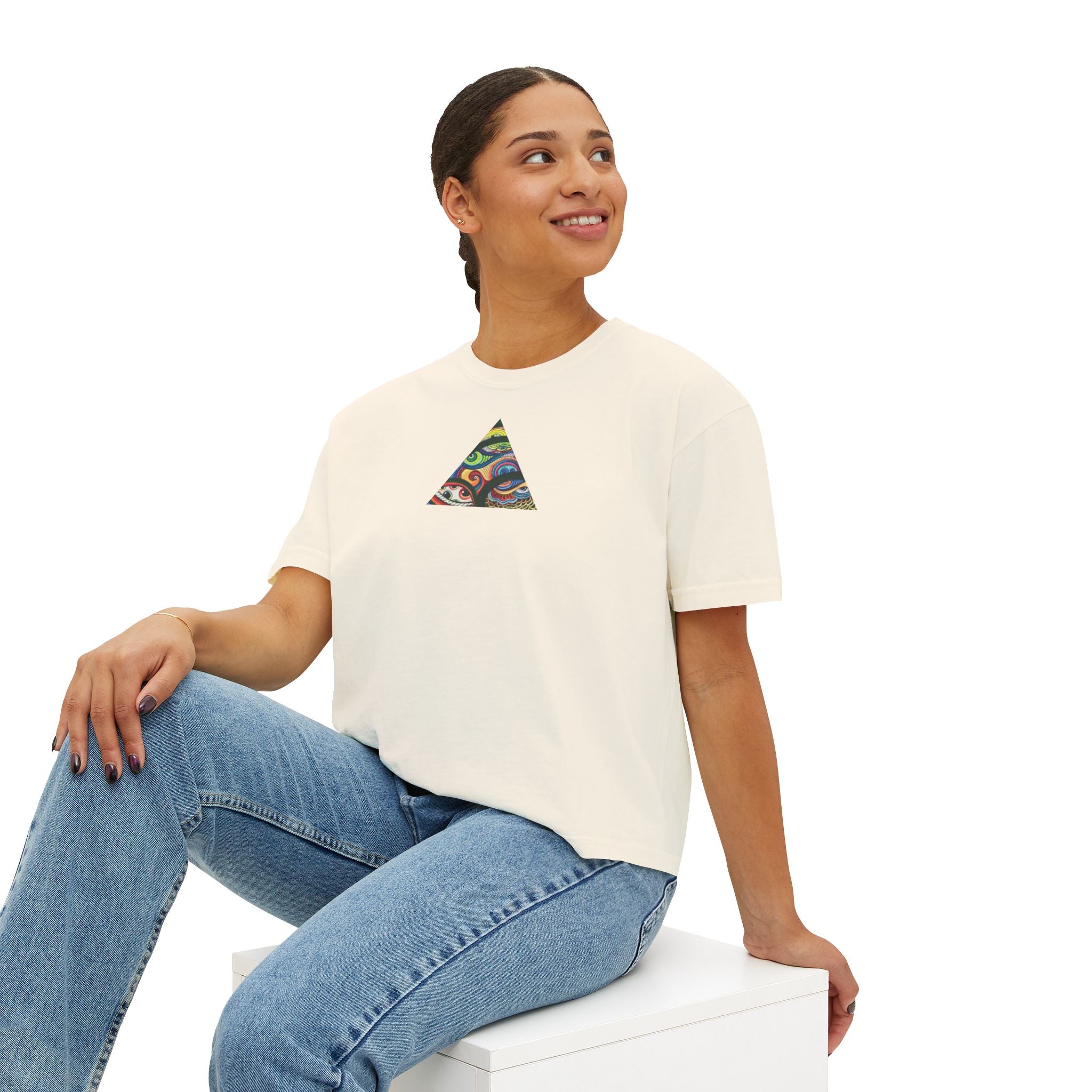 Women's Boxy Tee with Abstract Colorful Triangle (Front) & Heart (Back) Art — Casual Graphic Crop Top #hd9859