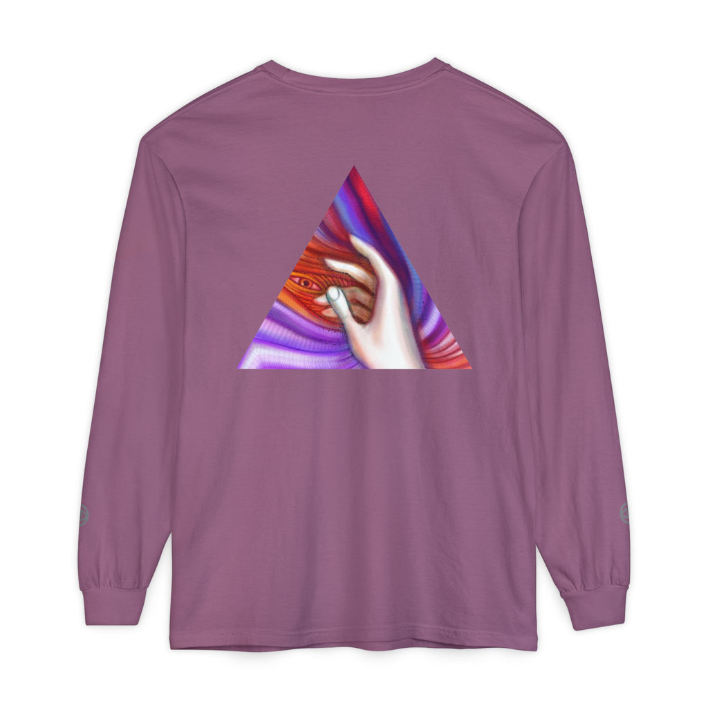 Long Sleeve T-Shirt — Triangular Hand Art Graphic (White) #sh26774