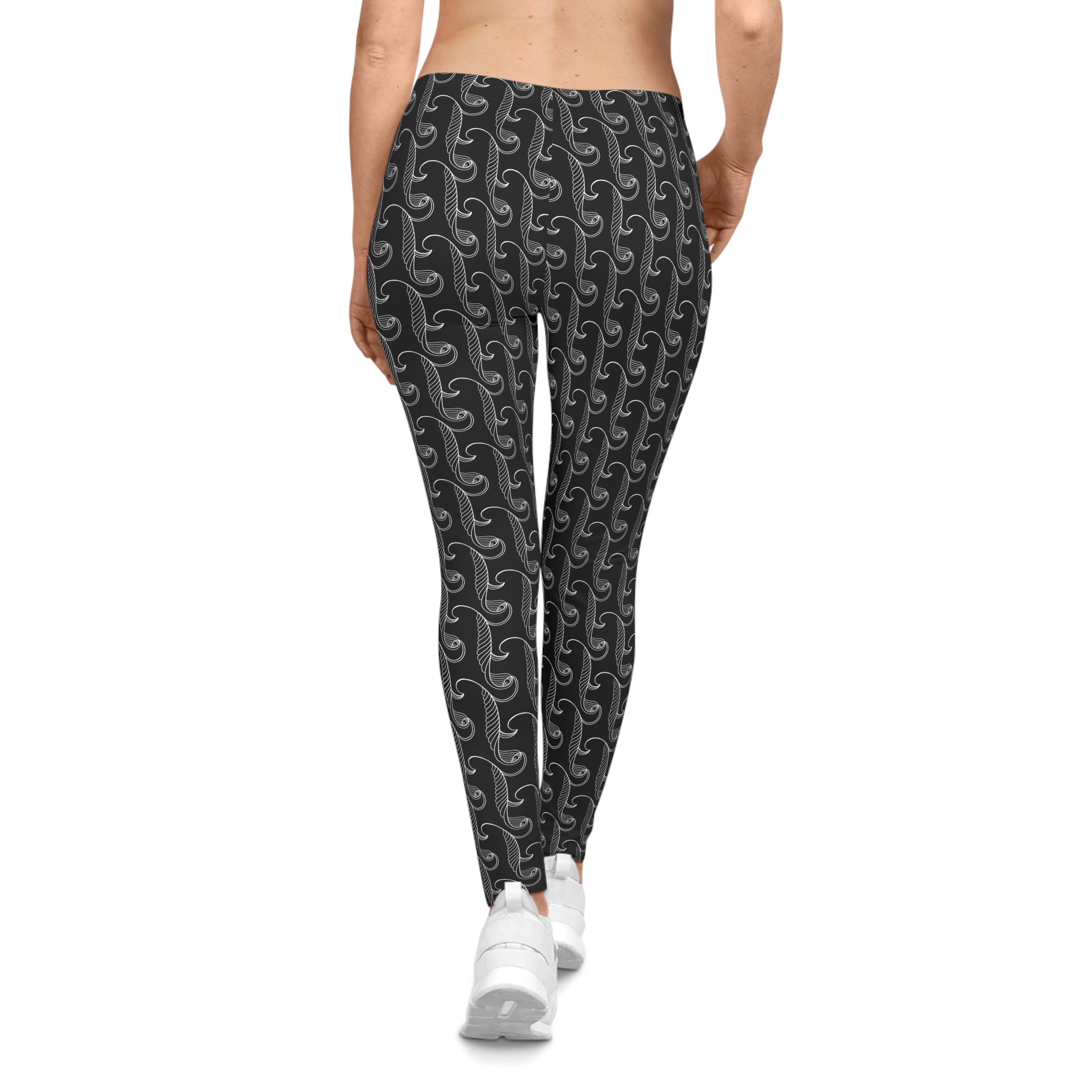 Women's Black Geometric Wave Leggings — All-Over Print Yoga & Casual Activewear #y54788