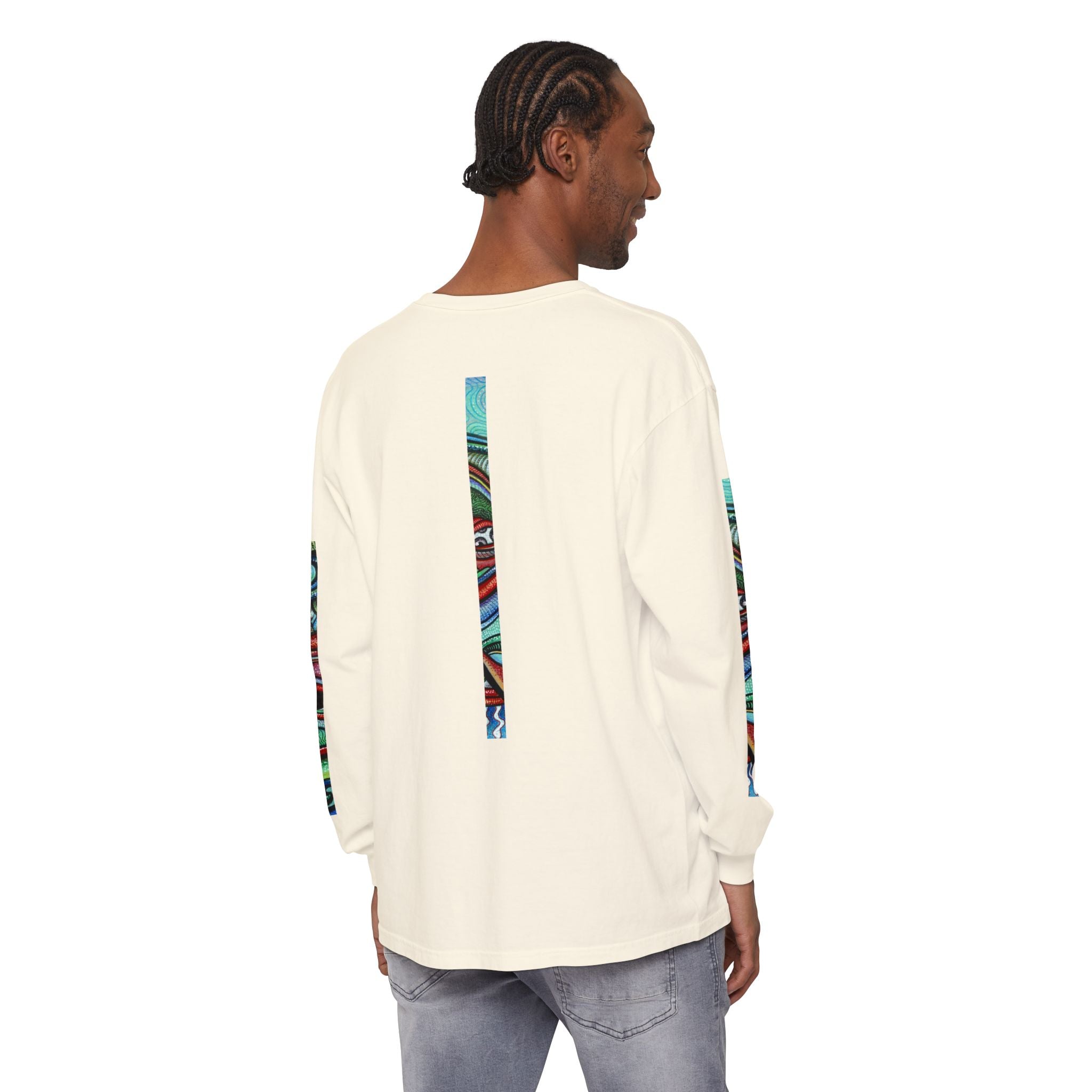 Psychedelic Starburst Long Sleeve Tee — Colorful Eye & Sleeve Stripe Design #k976344