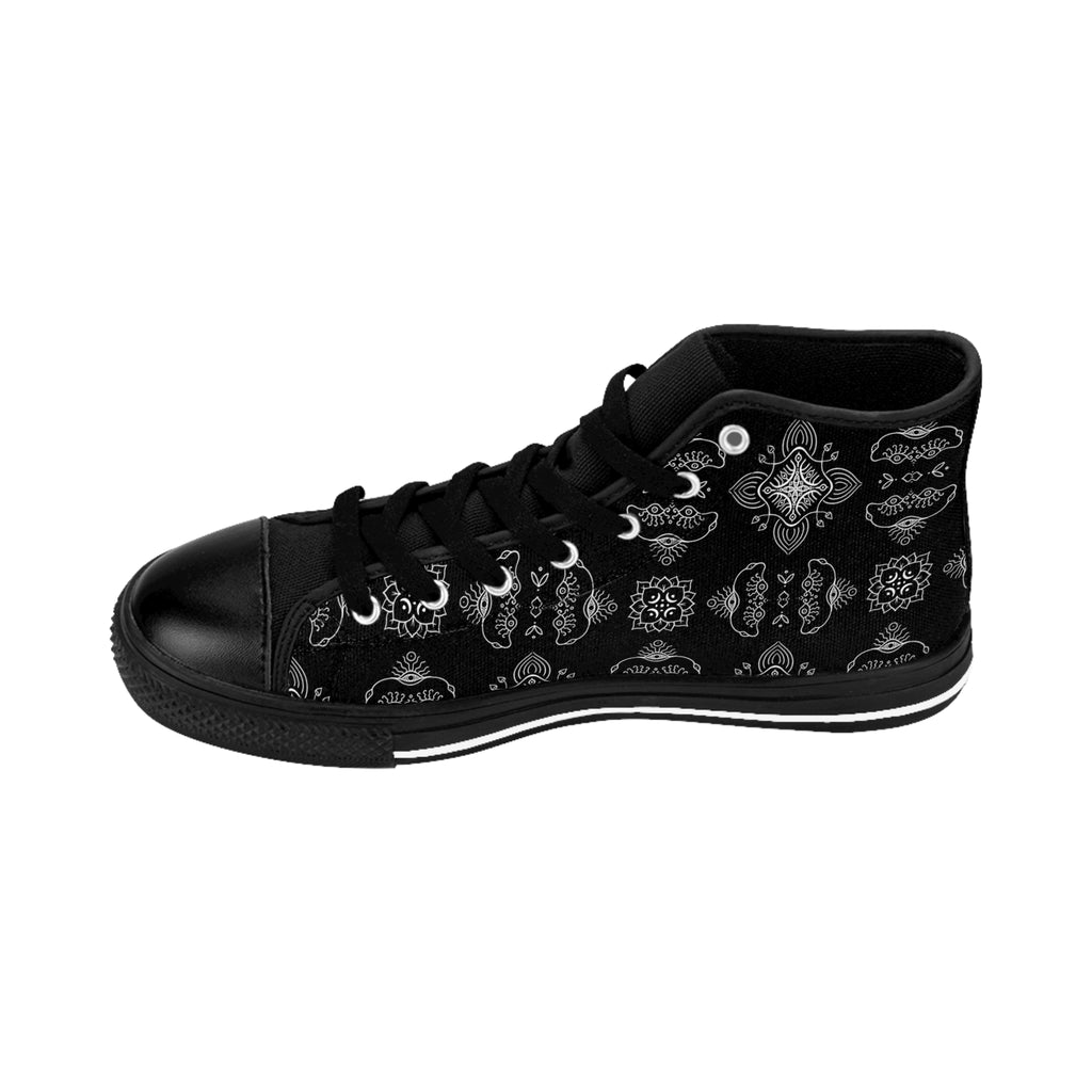 Women's High-Top Sneakers — Black Vintage Paisley Pattern #d2356