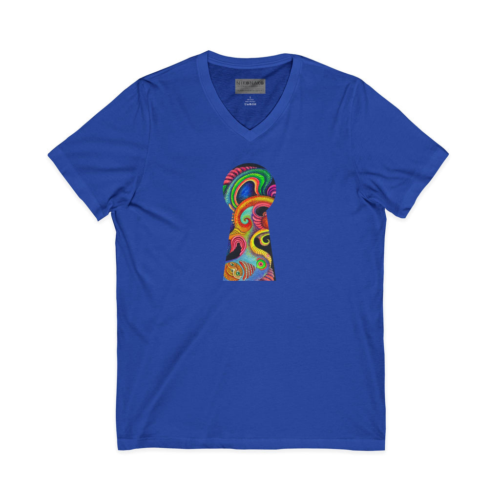 Psychedelic Keyhole V-Neck Tee — Colorful Abstract Back Art  #h975468