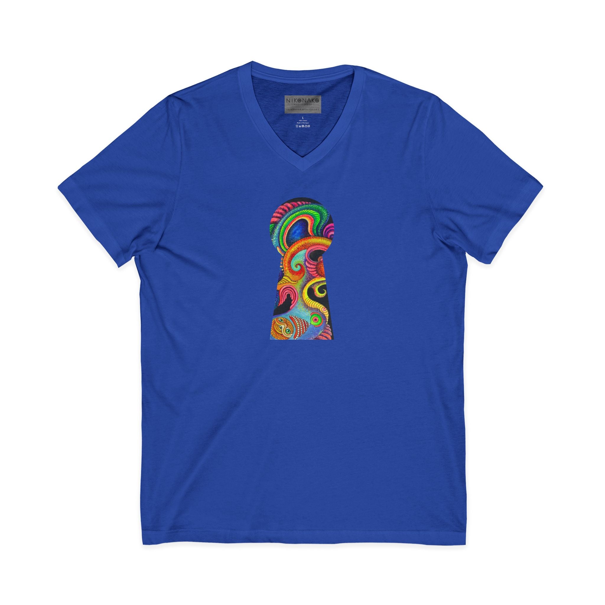 Psychedelic Keyhole V-Neck Tee — Colorful Abstract Back Art  #h975468