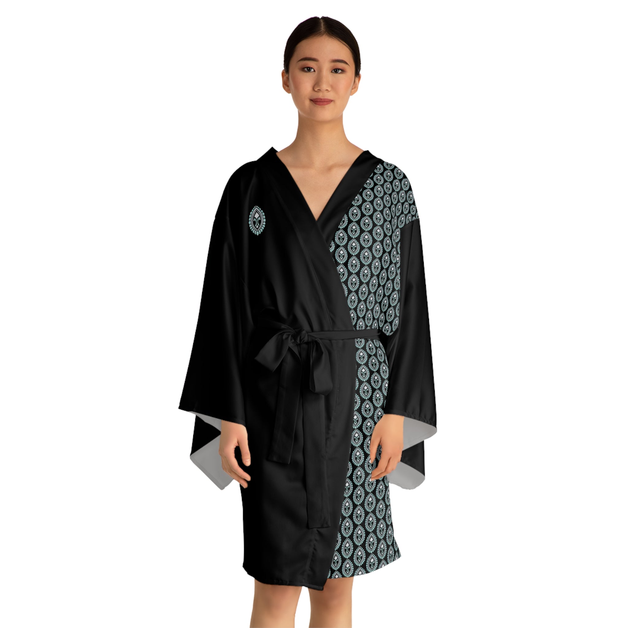 Silk-Feel Black Kimono Robe with Aqua Floral Waves Pattern #kr51