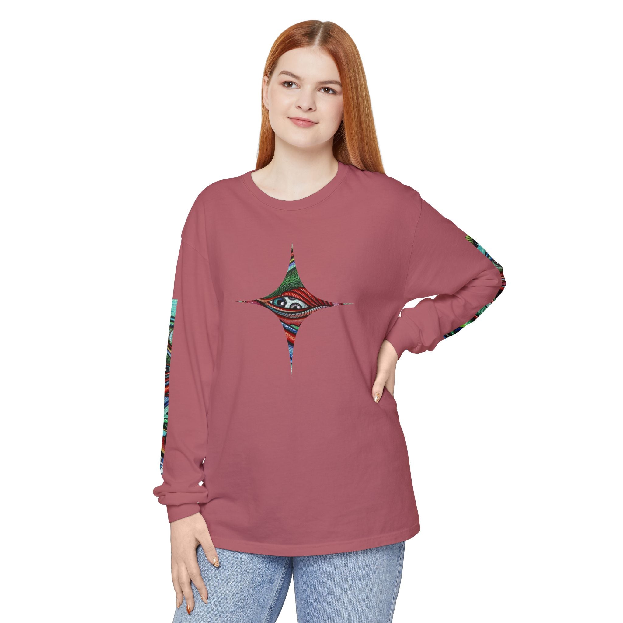 Psychedelic Starburst Long Sleeve Tee — Colorful Eye & Sleeve Stripe Design #k976344