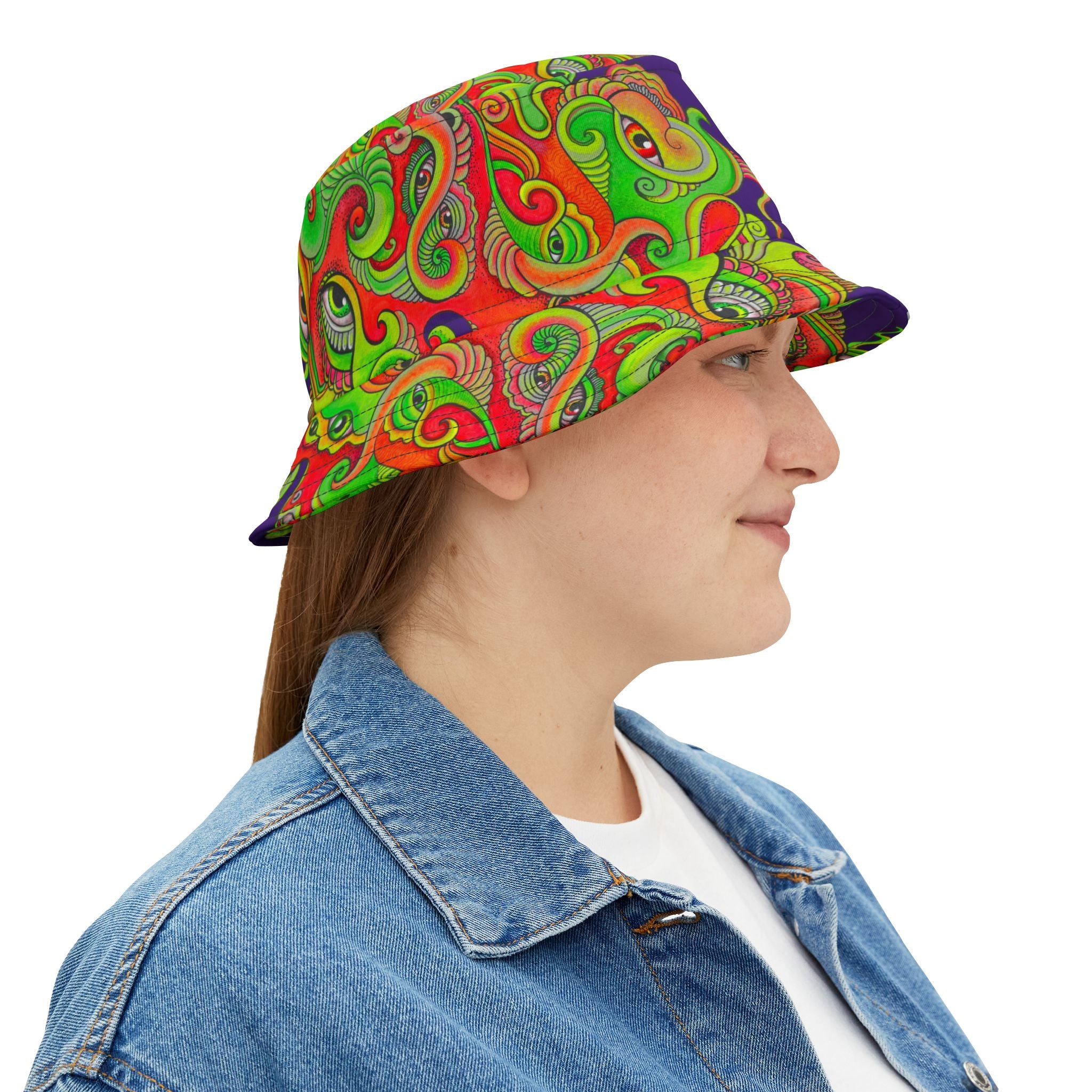 Psychedelic Paisley Bucket Hat — Vibrant Neon Swirl Festival Hat #h08754