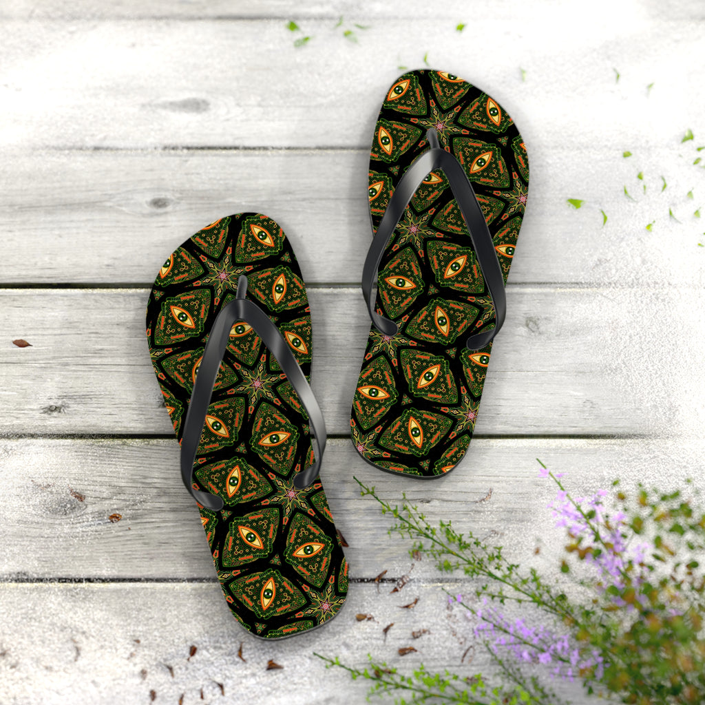 Kaleidoscope Green Pattern Flip Flops — Boho Summer Beach Sandals #k9753