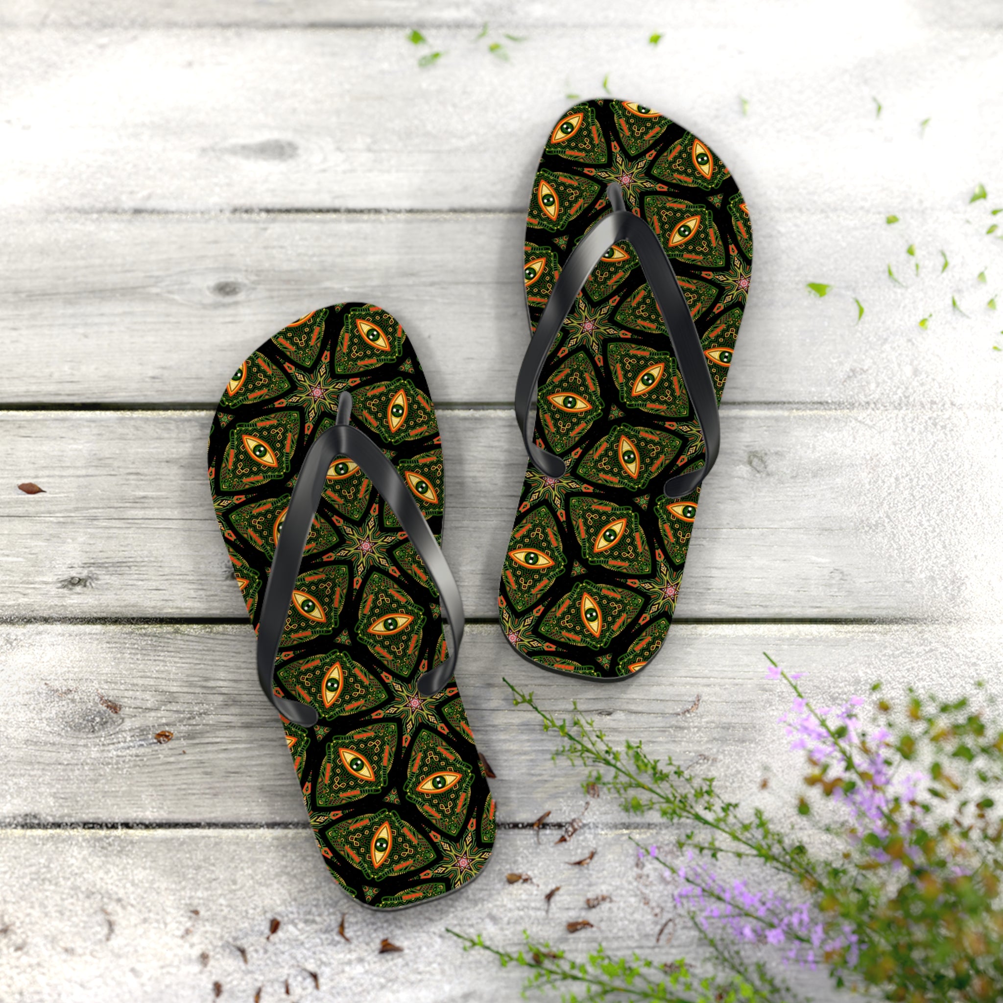 Kaleidoscope Green Pattern Flip Flops — Boho Summer Beach Sandals #k9753
