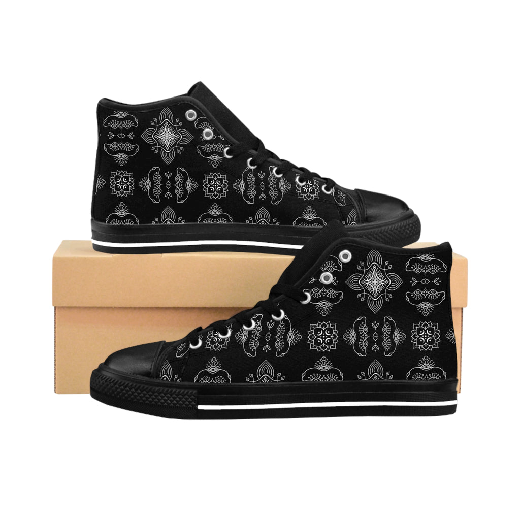 Women's High-Top Sneakers — Black Vintage Paisley Pattern #d2356