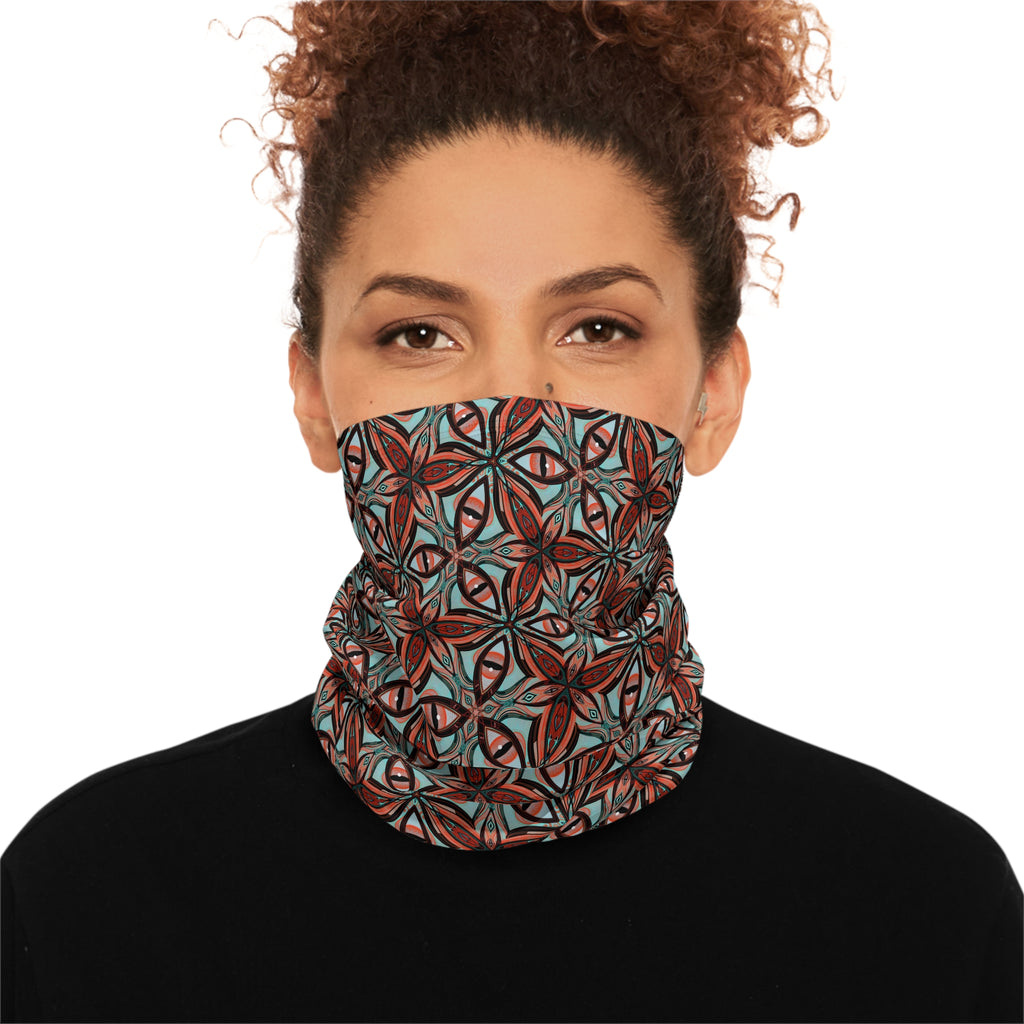 Patterned Winter Neck Gaiter — Red Teal Geometric Drawstring Face Mask