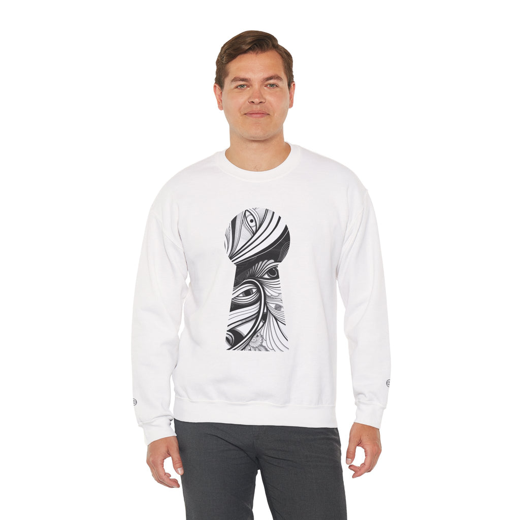 Crewneck Sweatshirt — Black & White Surreal Eye Keyhole Design #h5522168