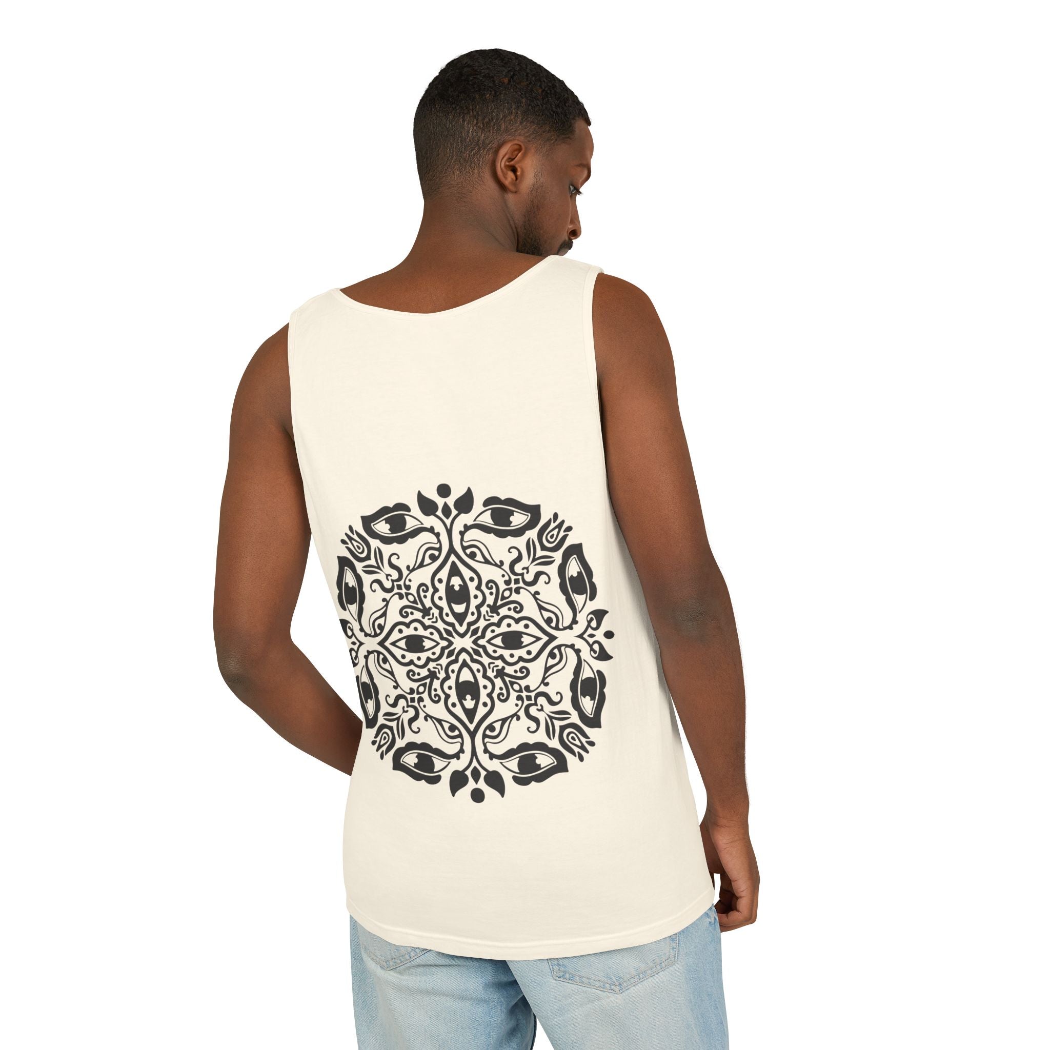 Boho Mandala Tank Top — Black Floral Circular Graphic Tank #fr3