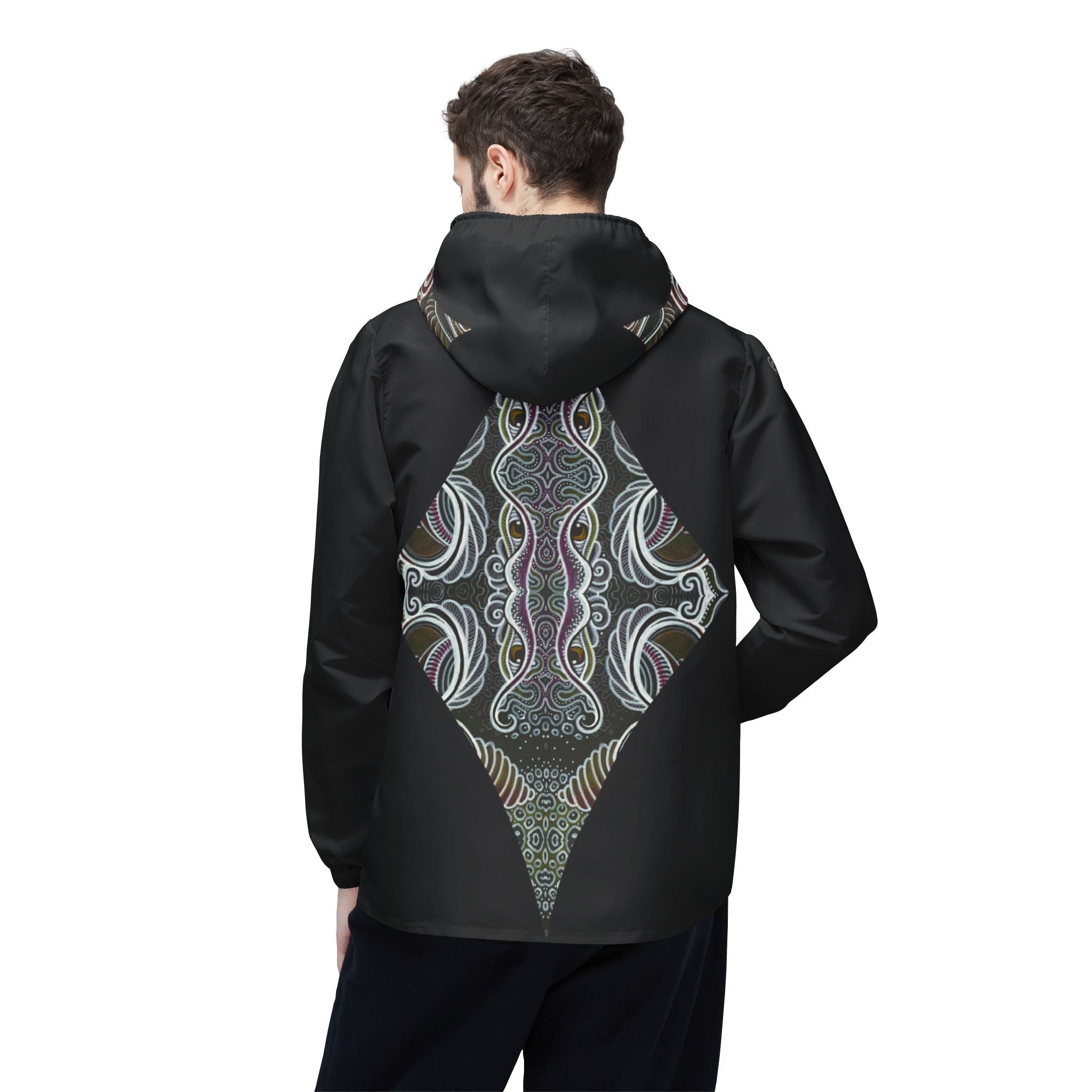 Abstract Triangle Pattern Windbreaker Jacket — Geometric Tribal Print Hooded Jacket #wj3421