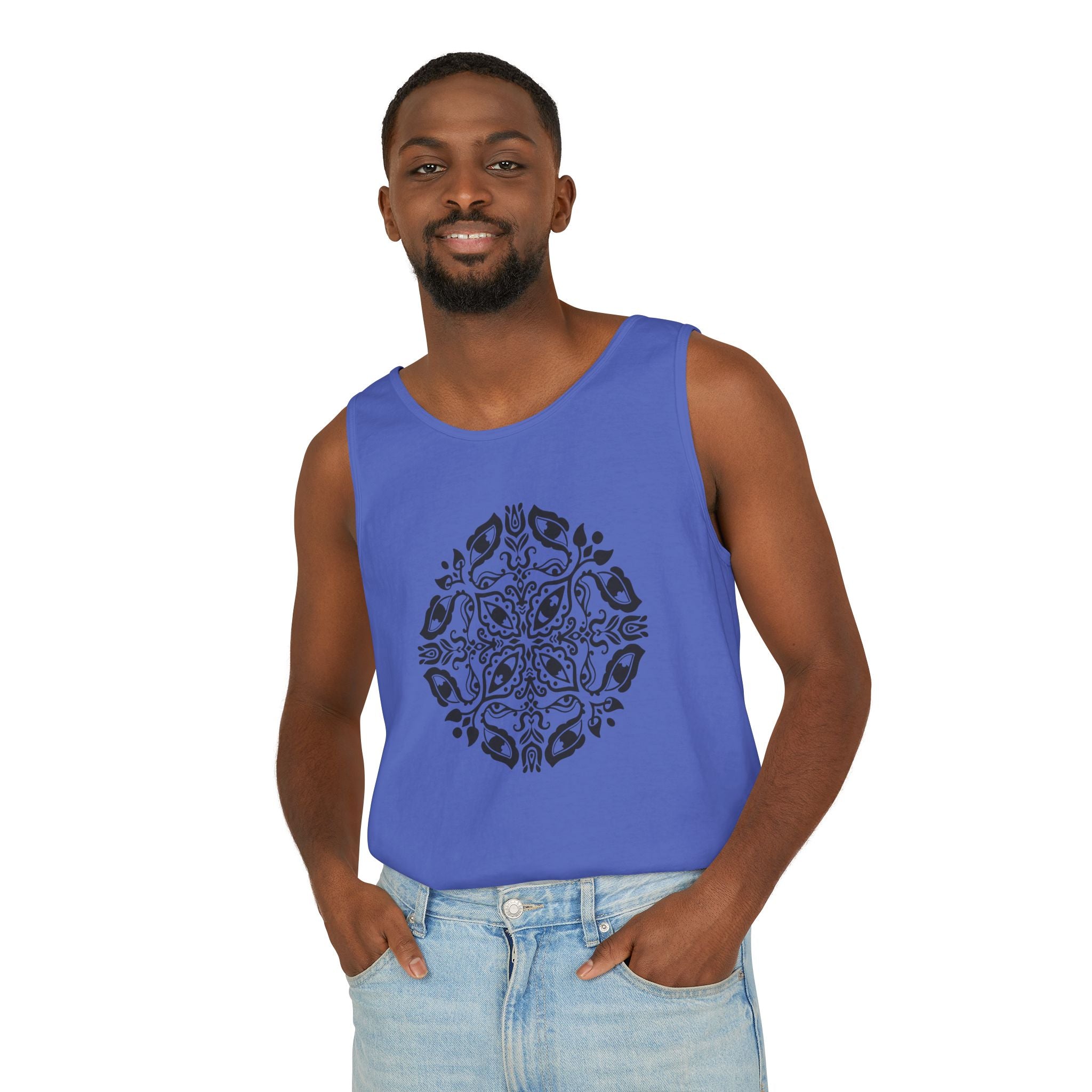 Boho Mandala Tank Top — Black Floral Circular Graphic Tank #fr3