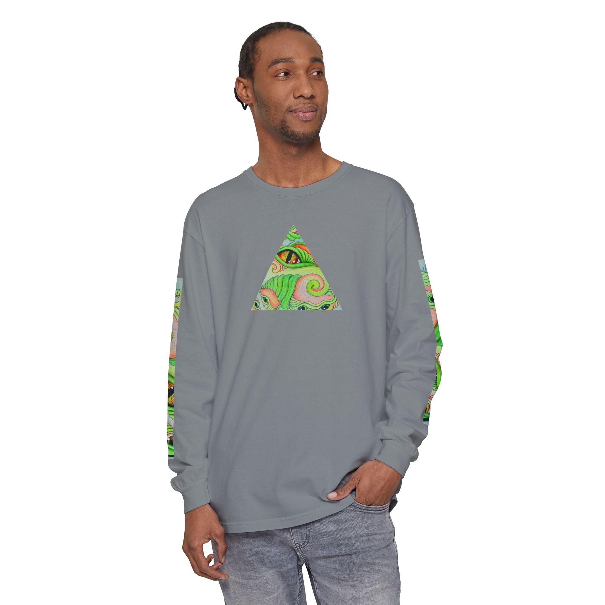 Psychedelic Green Triangle Long Sleeve Tee — Tribal Star Sleeve Artwork #gf086357