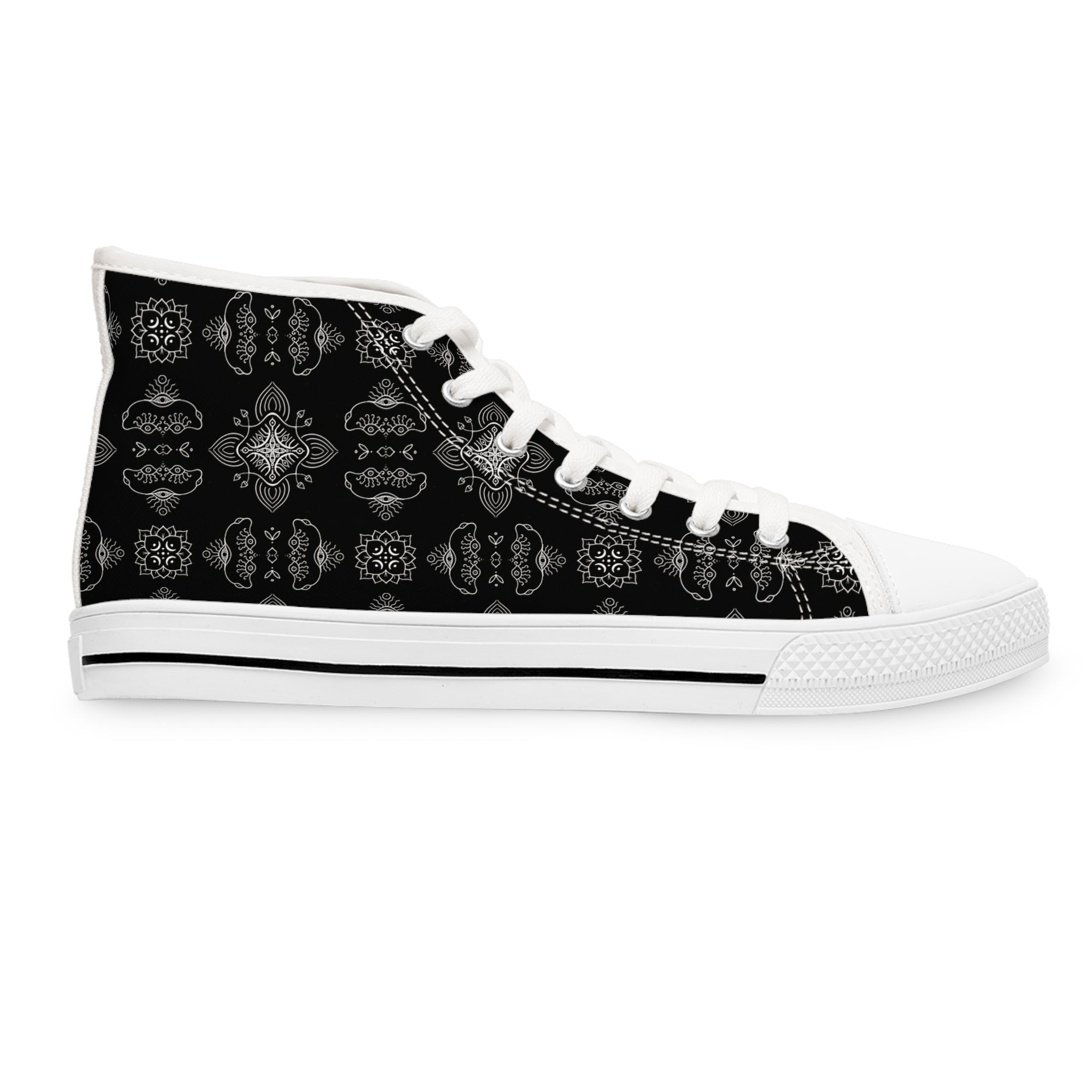 High Top Sneakers - Black Paisley Pattern Women's Canvas Shoes #d3566