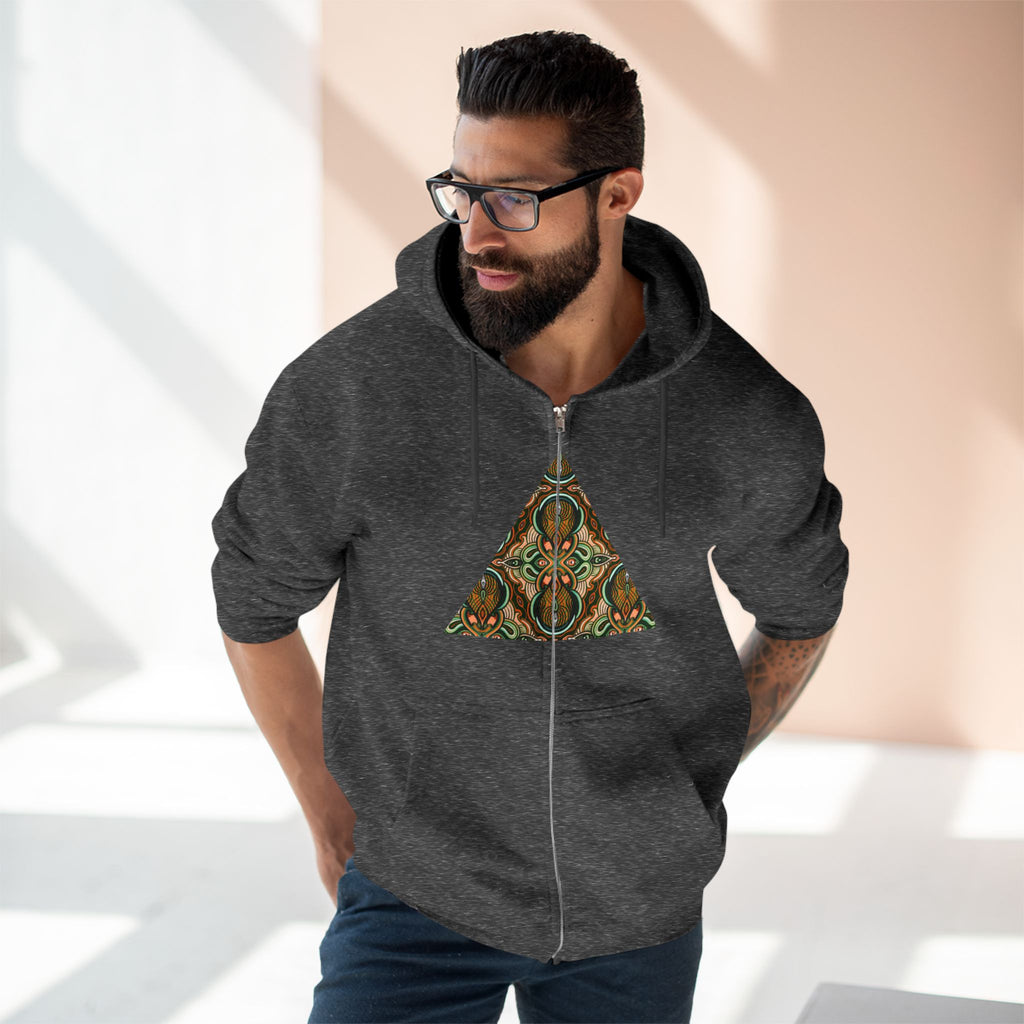 Geometric Tribal Pattern Zip Hoodie — Earthy Mandala Triangle & Circle Design #zh137