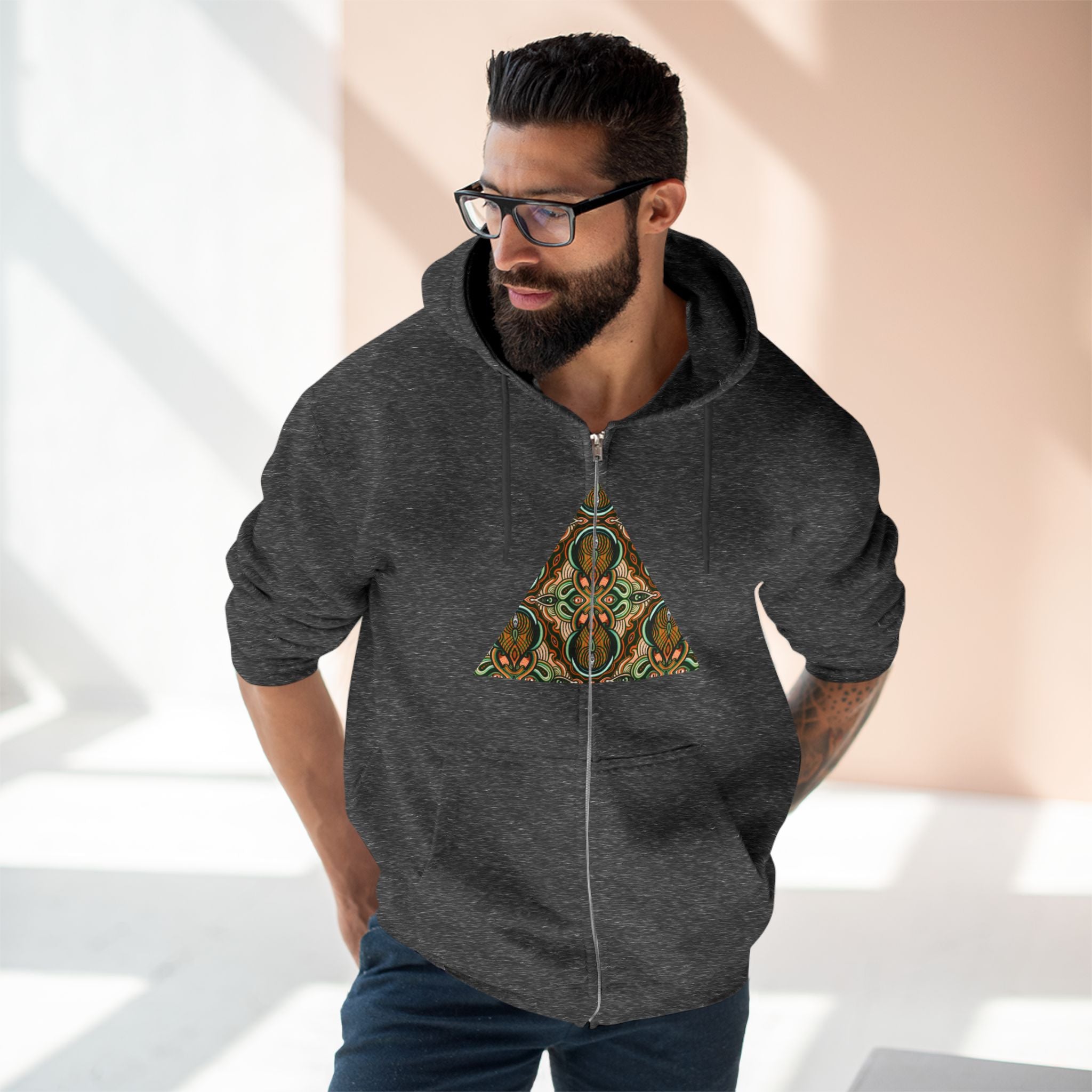 Geometric Tribal Pattern Zip Hoodie — Earthy Mandala Triangle & Circle Design #zh137
