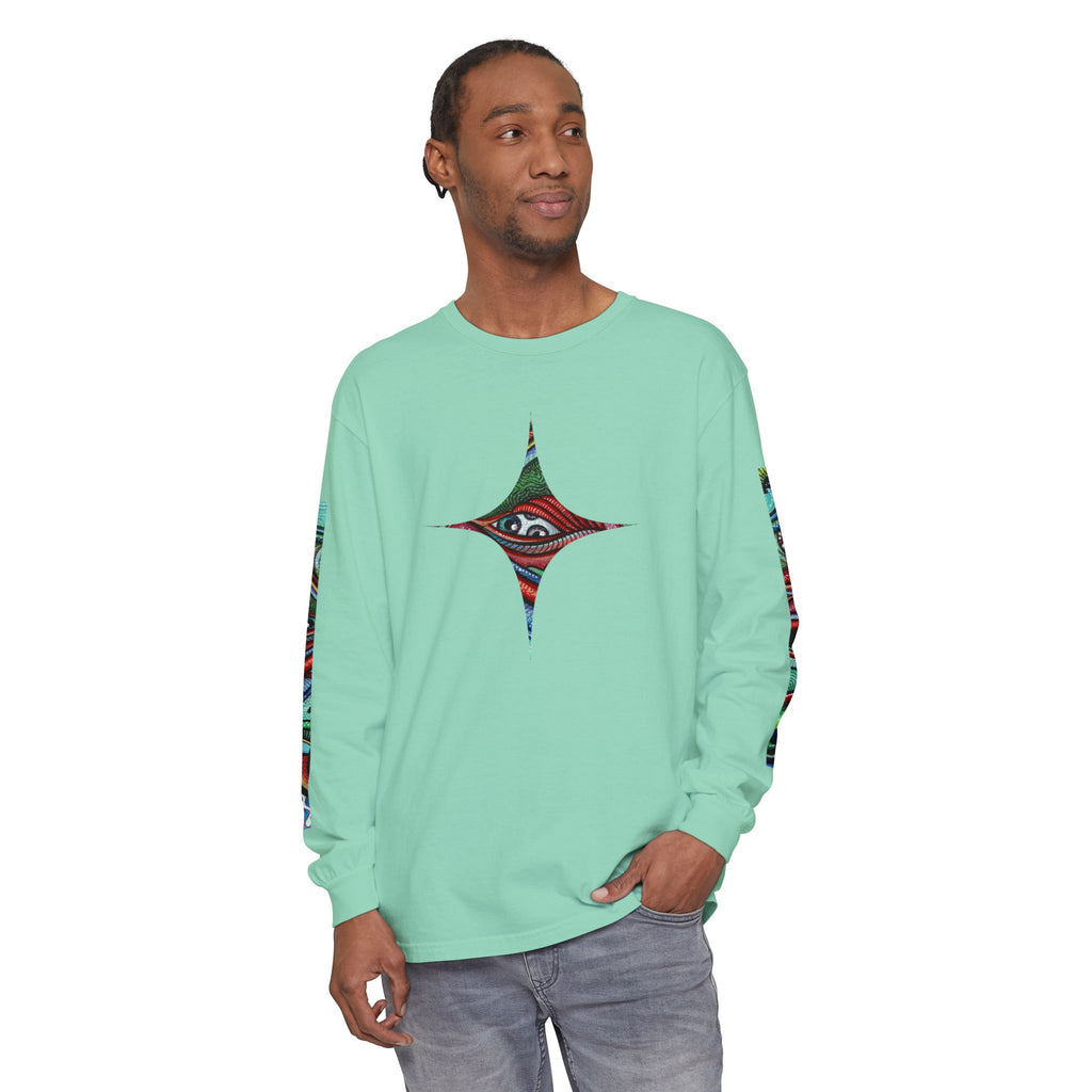 Psychedelic Starburst Long Sleeve Tee — Colorful Eye & Sleeve Stripe Design #k976344