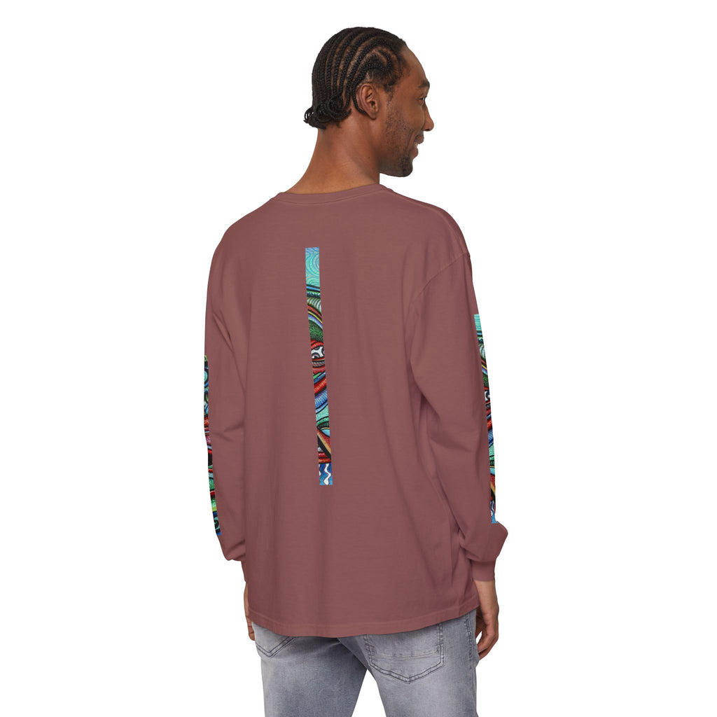 Psychedelic Starburst Long Sleeve Tee — Colorful Eye & Sleeve Stripe Design #k976344