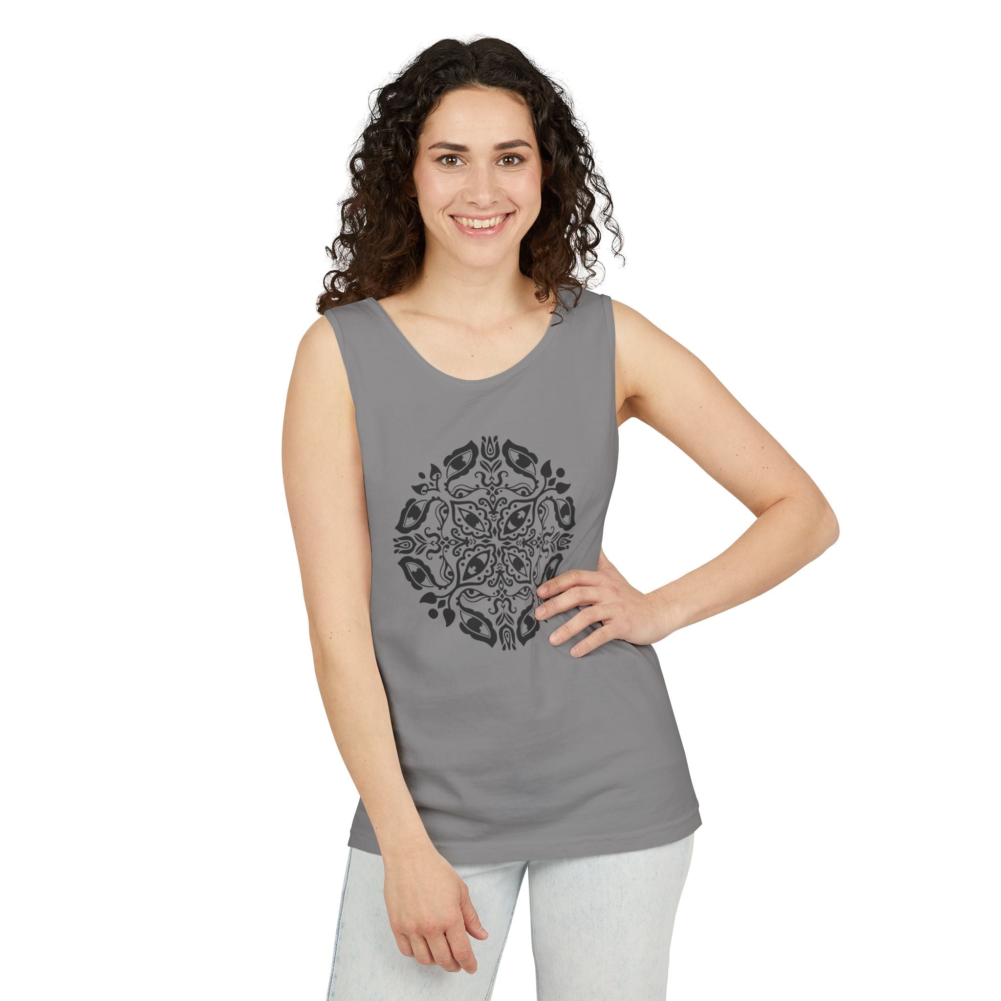 Boho Mandala Tank Top — Black Floral Circular Graphic Tank #fr3