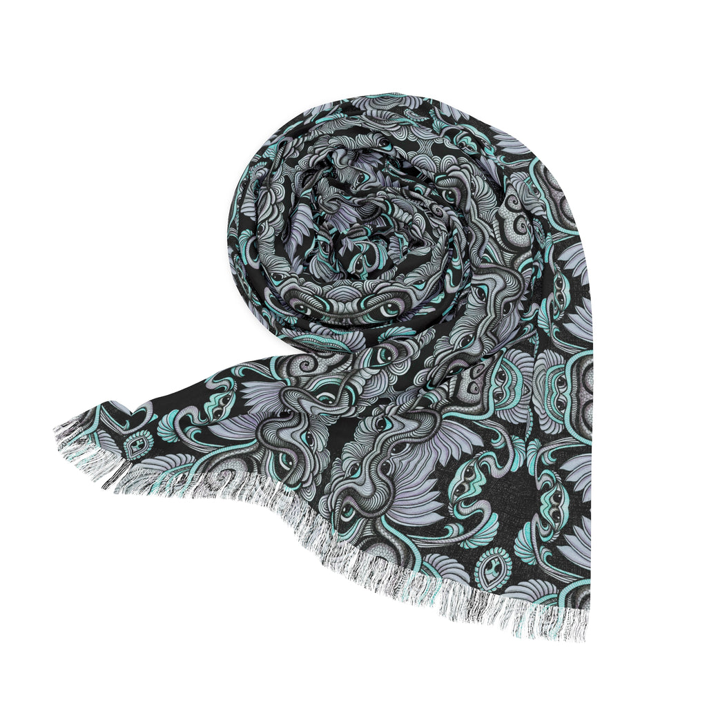 Light Scarf — Teal & Black Gothic Owl Pattern Scarf #kf998877
