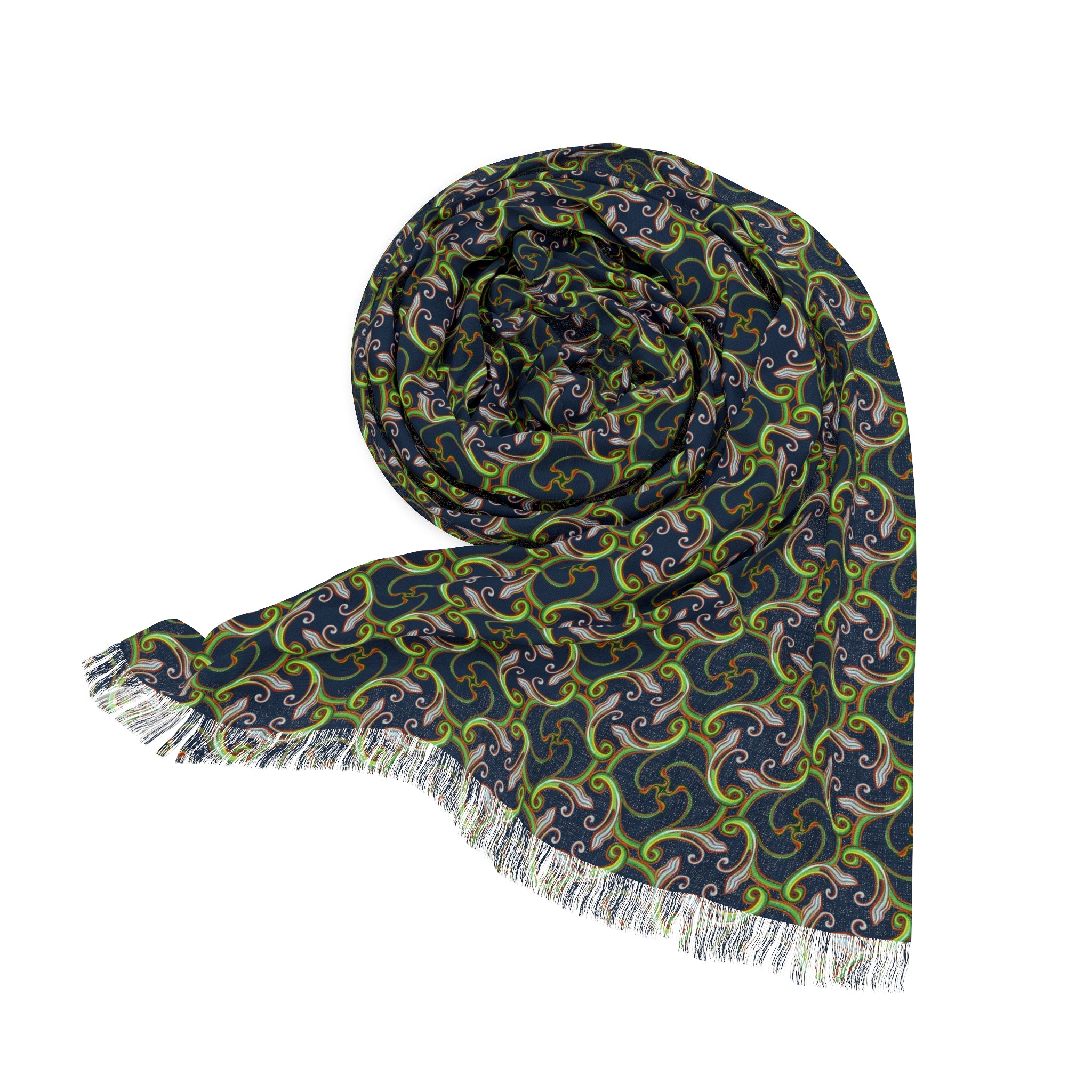 Lightweight Geometric Pattern Scarf – Green & Navy Woven Fringe Wrap #ls1