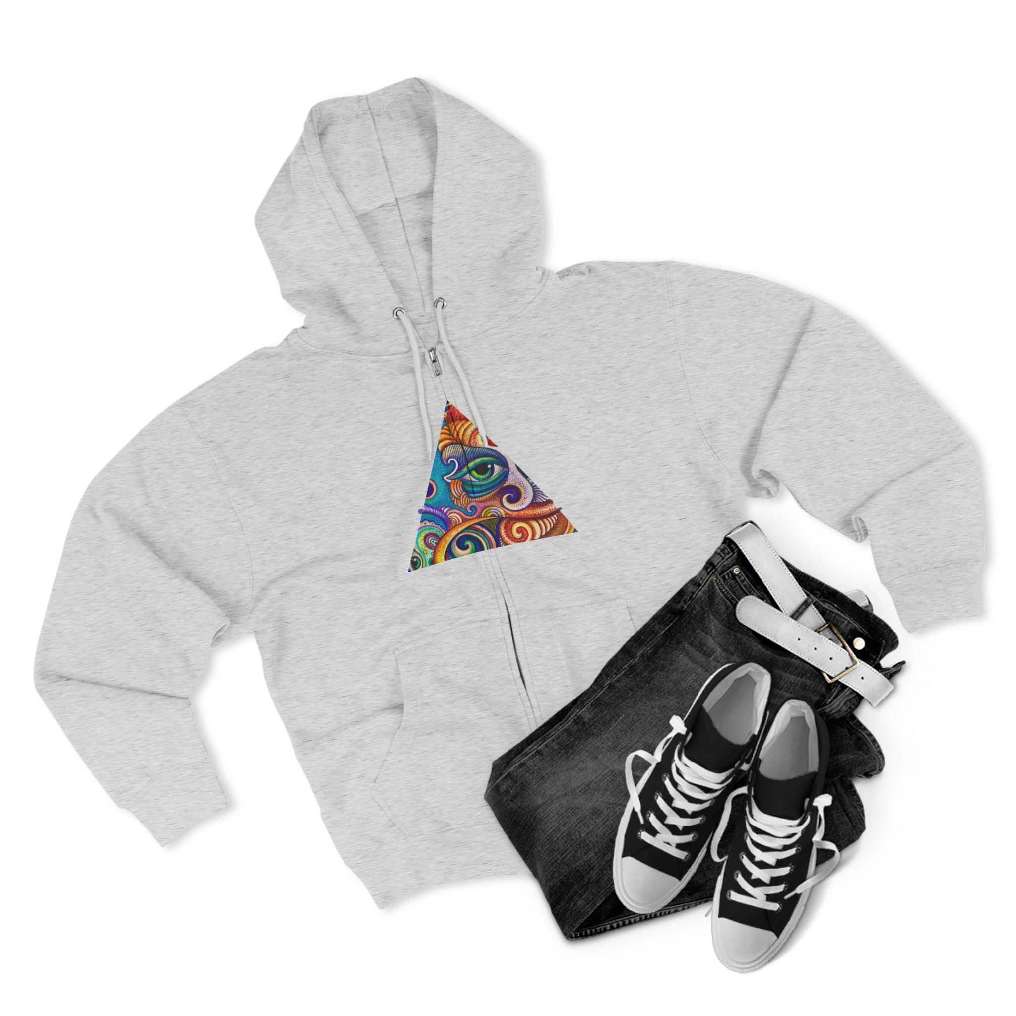 Zip Hoodie with Colorful Psychedelic Triangle & Mandala Back — Vibrant Abstract Art Zip-Up  #cp2680