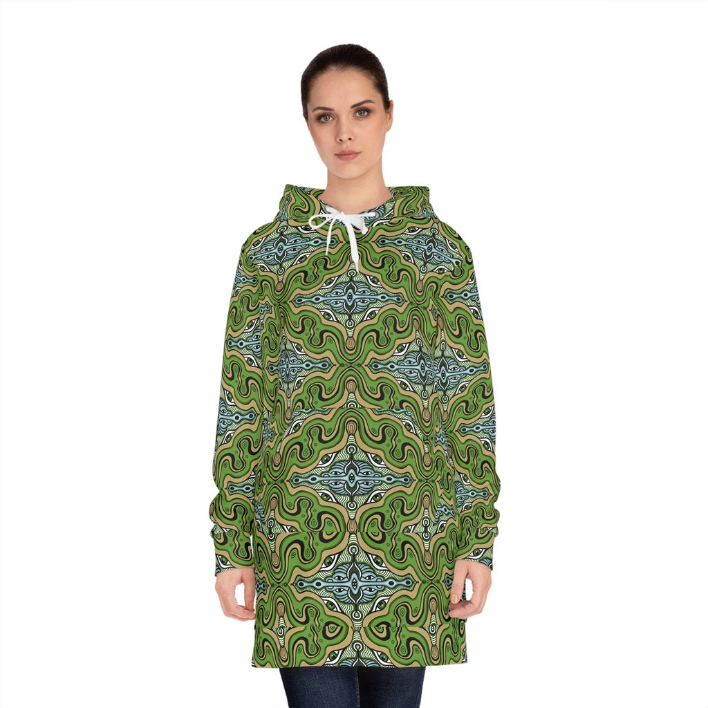 Green Kaleidoscope Hoodie Dress — All-Over-Print Boho Cozy Tunic #d13558765