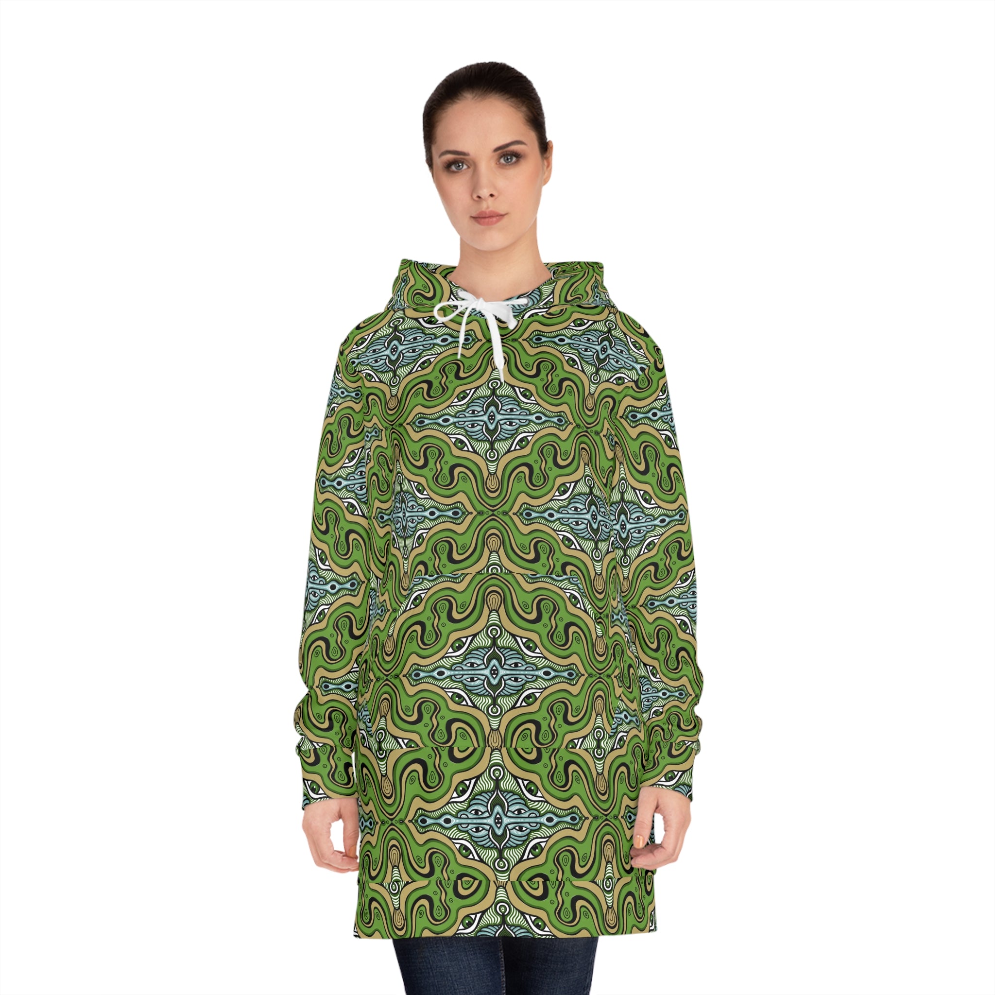 Green Kaleidoscope Hoodie Dress — All-Over-Print Boho Cozy Tunic #d13558765